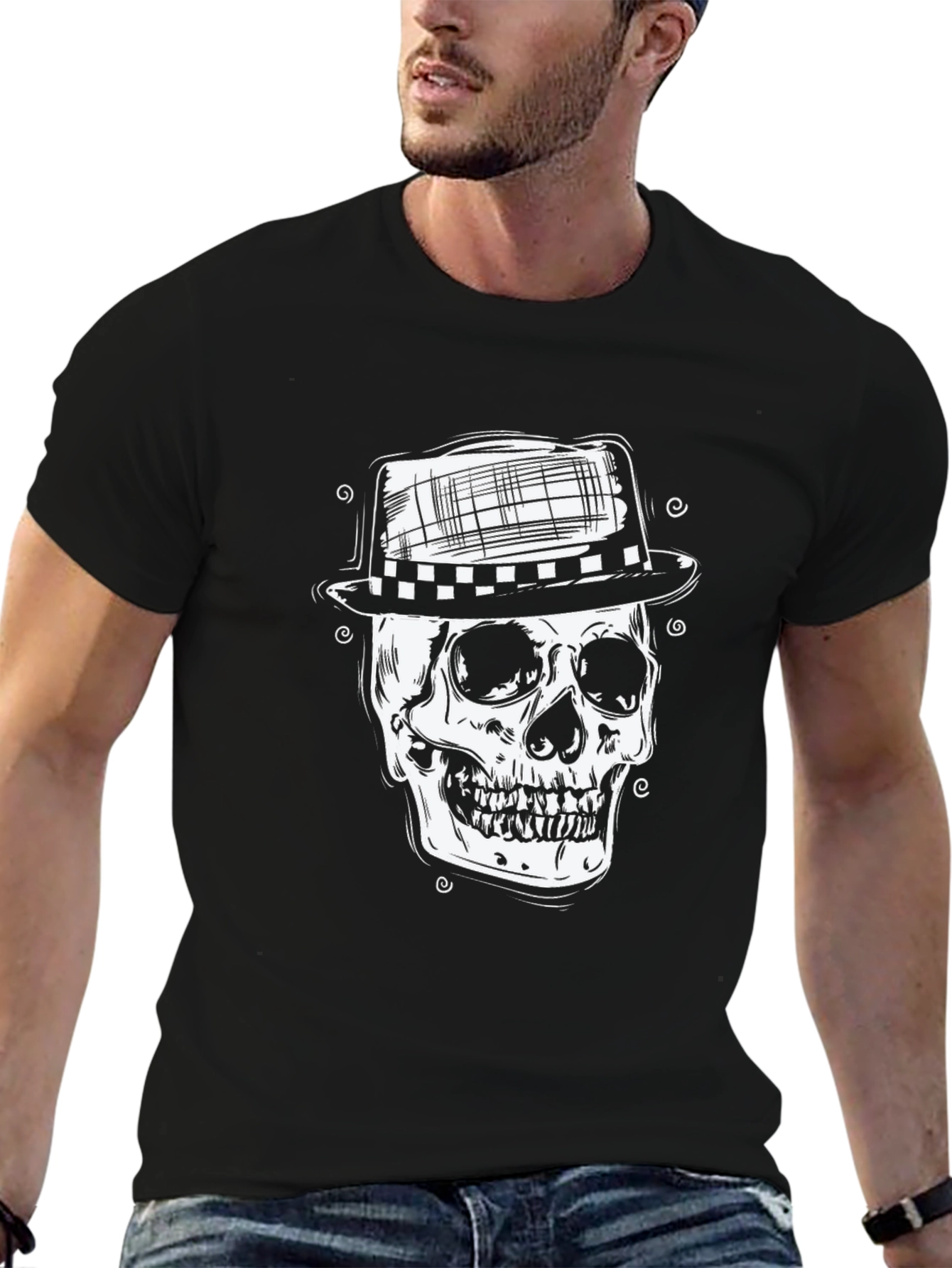 Black Skull in Hat Graphic Tee - Mens Black T-Shirt view 6