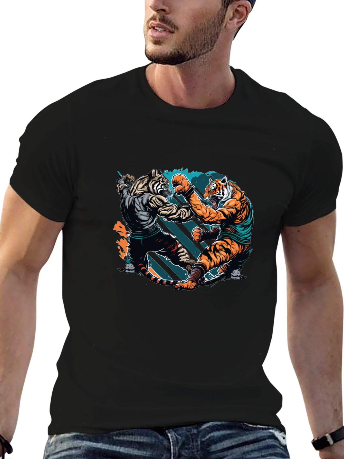 Black Tiger Fight Graphic Print Black T-Shirt view 6