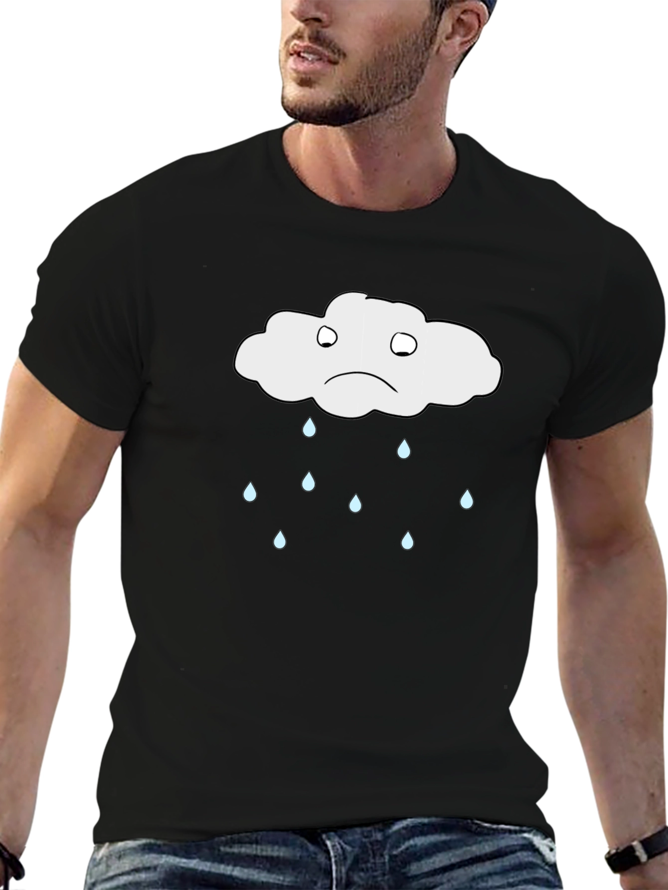 Black Sad Cloud Rain T-Shirt - Soft Cotton Tee view 6