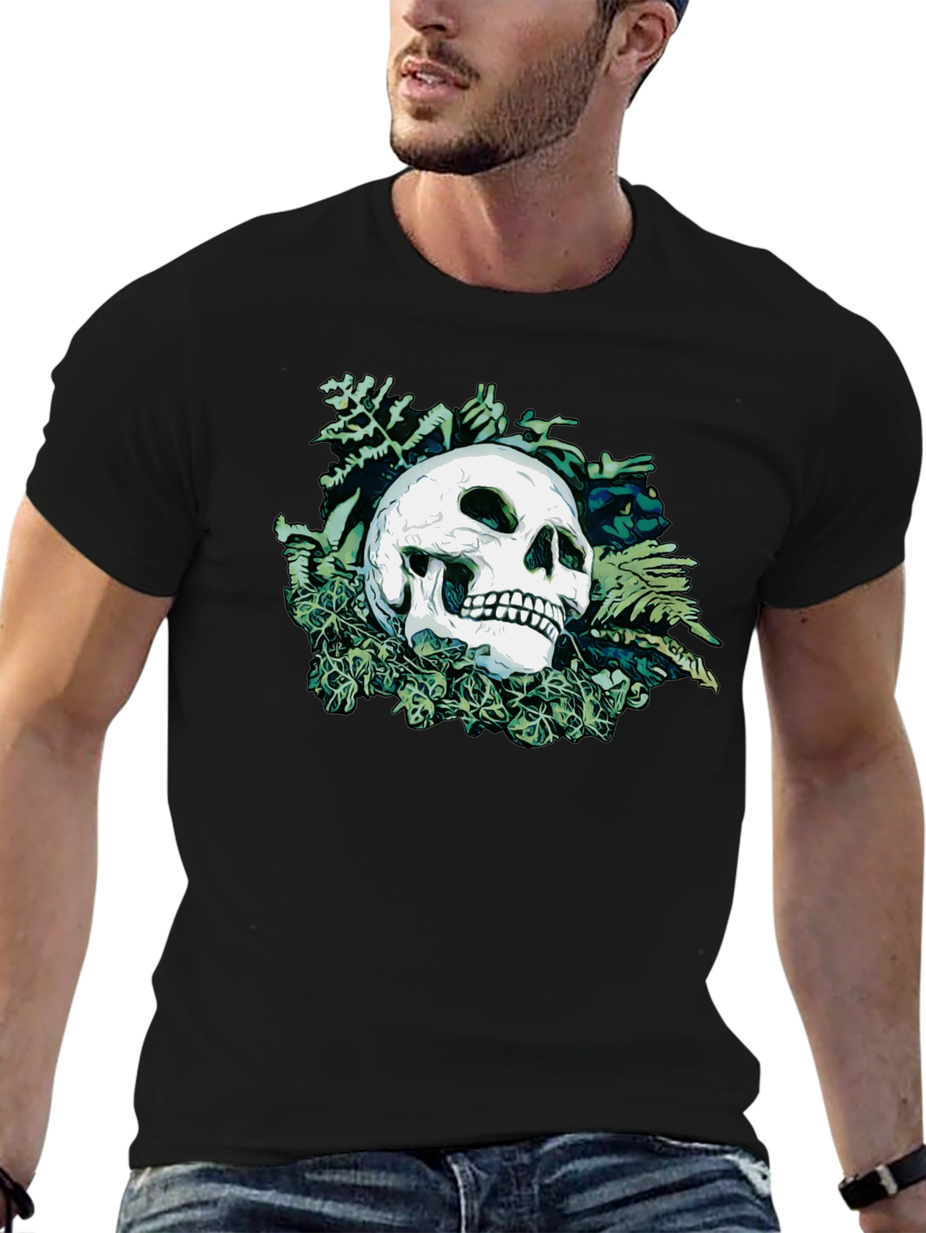 Black Skull & Foliage Graphic Tee - Classic Black view 6
