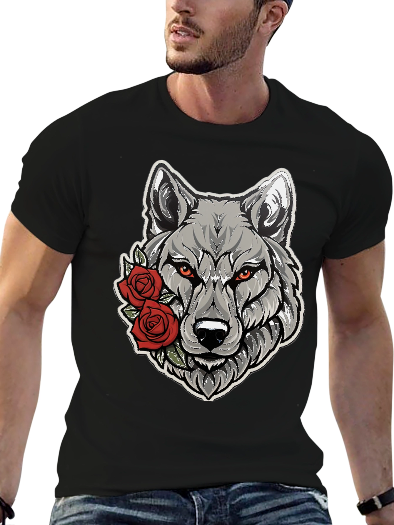 Black Wolf & Roses Graphic Tee - Men's Black T-Shirt view 6