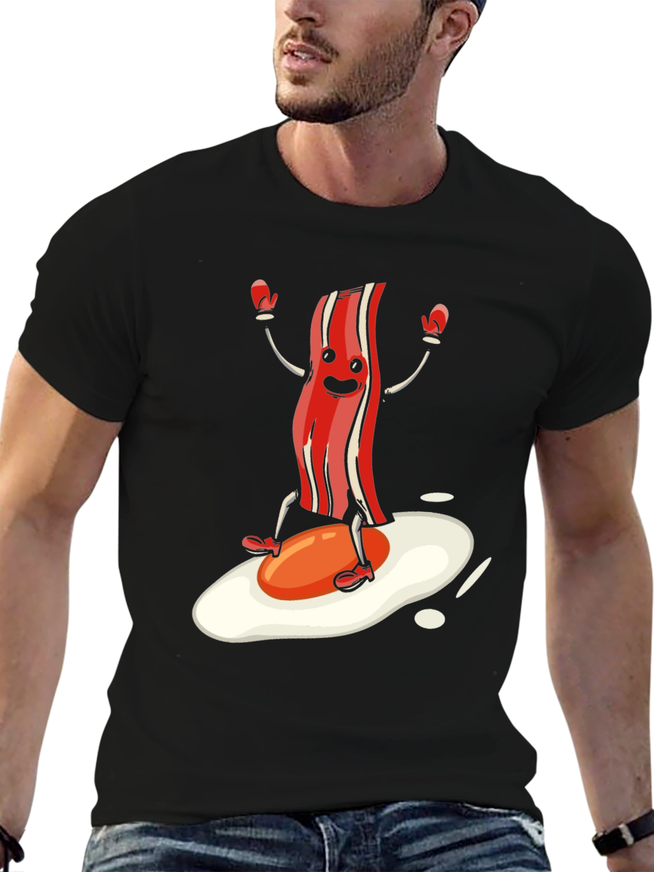 Black Bacon & Egg Cartoon Graphic Tee - Novelty Food Shirt view 6