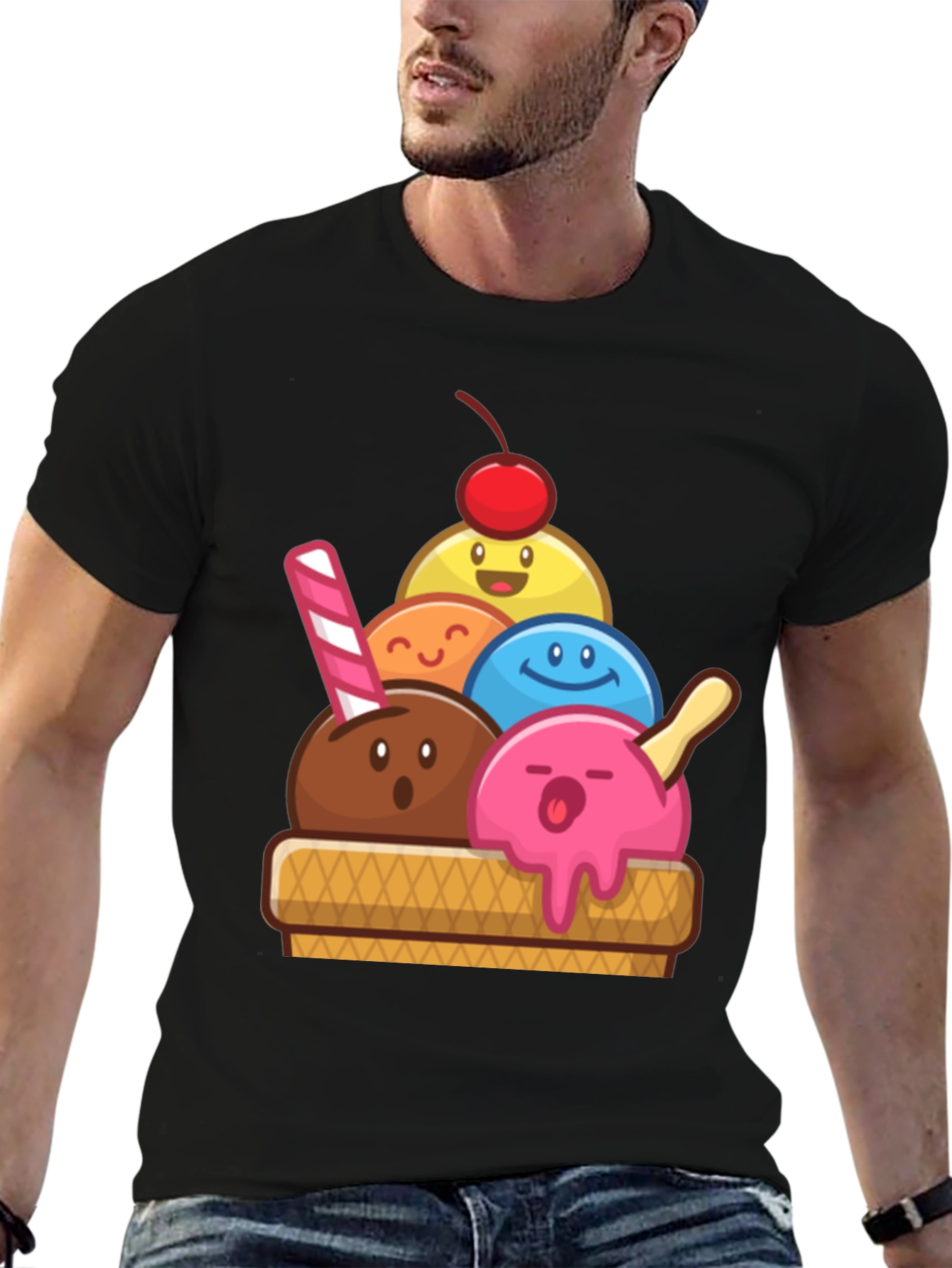 Black Cute Ice Cream Cartoon Graphic Tee view 6