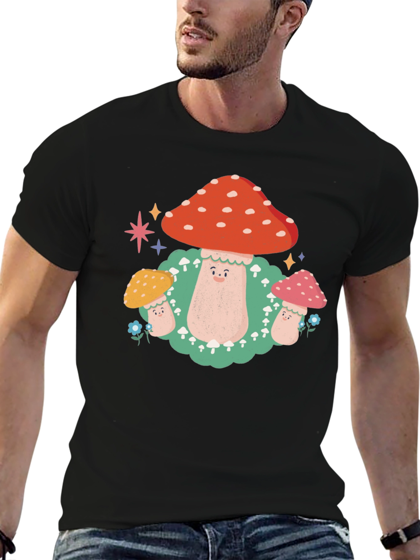 Black Mushroom Graphic T-Shirt - Funky Forest Design view 6