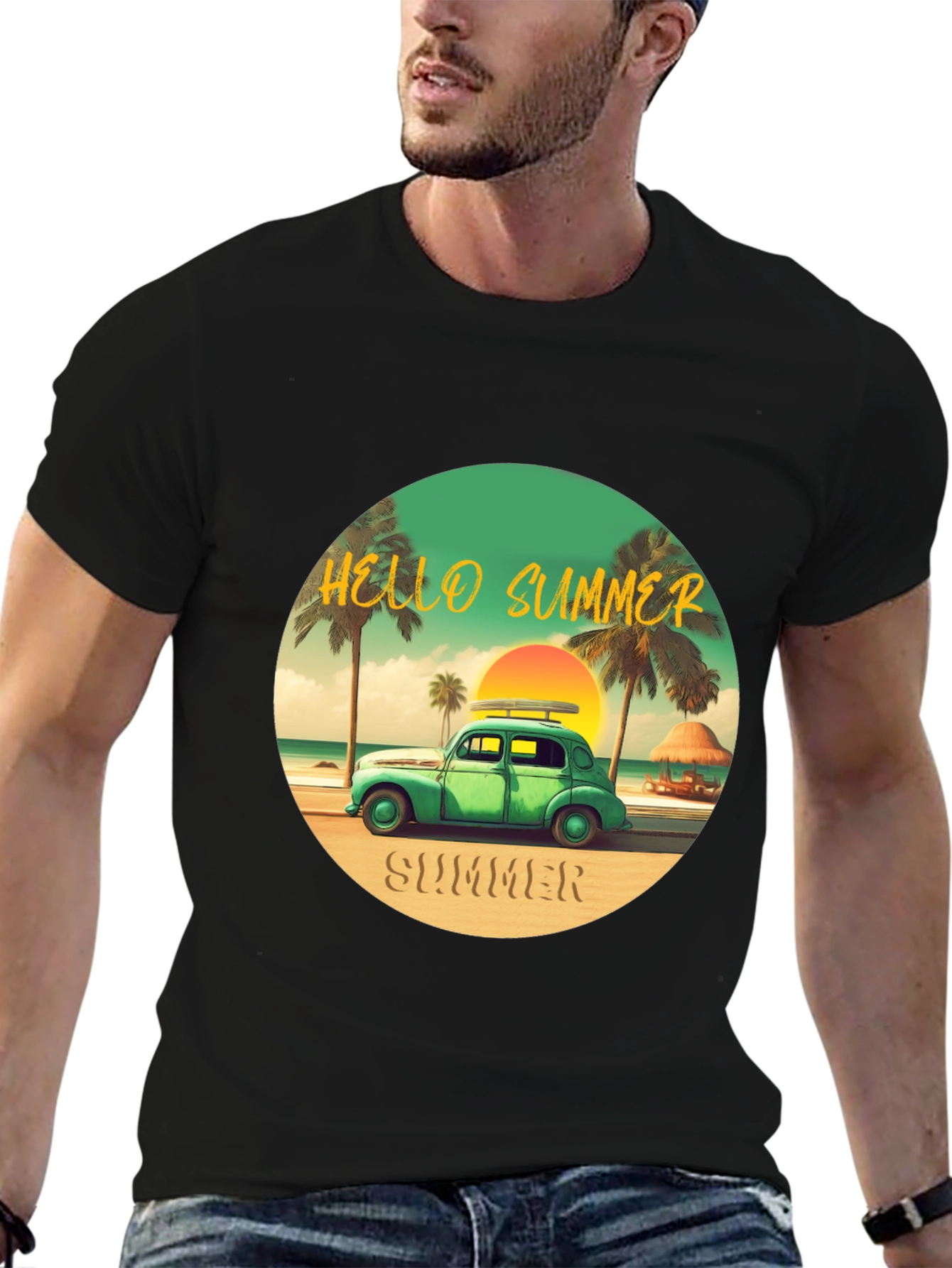 Black Summer Beach Car T-Shirt view 6