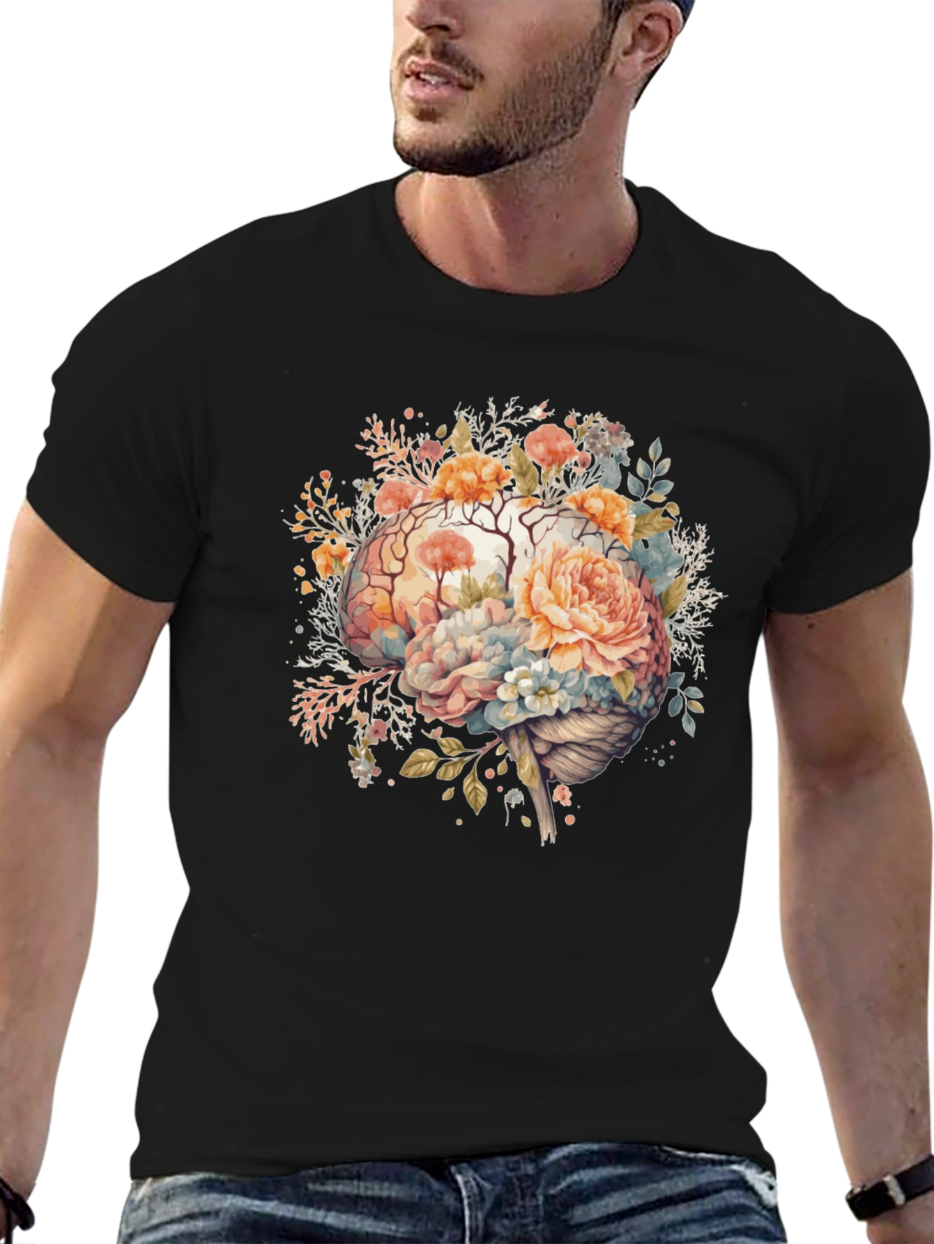 Black Floral Brain Graphic Tee - Stylish Mindful Design view 6