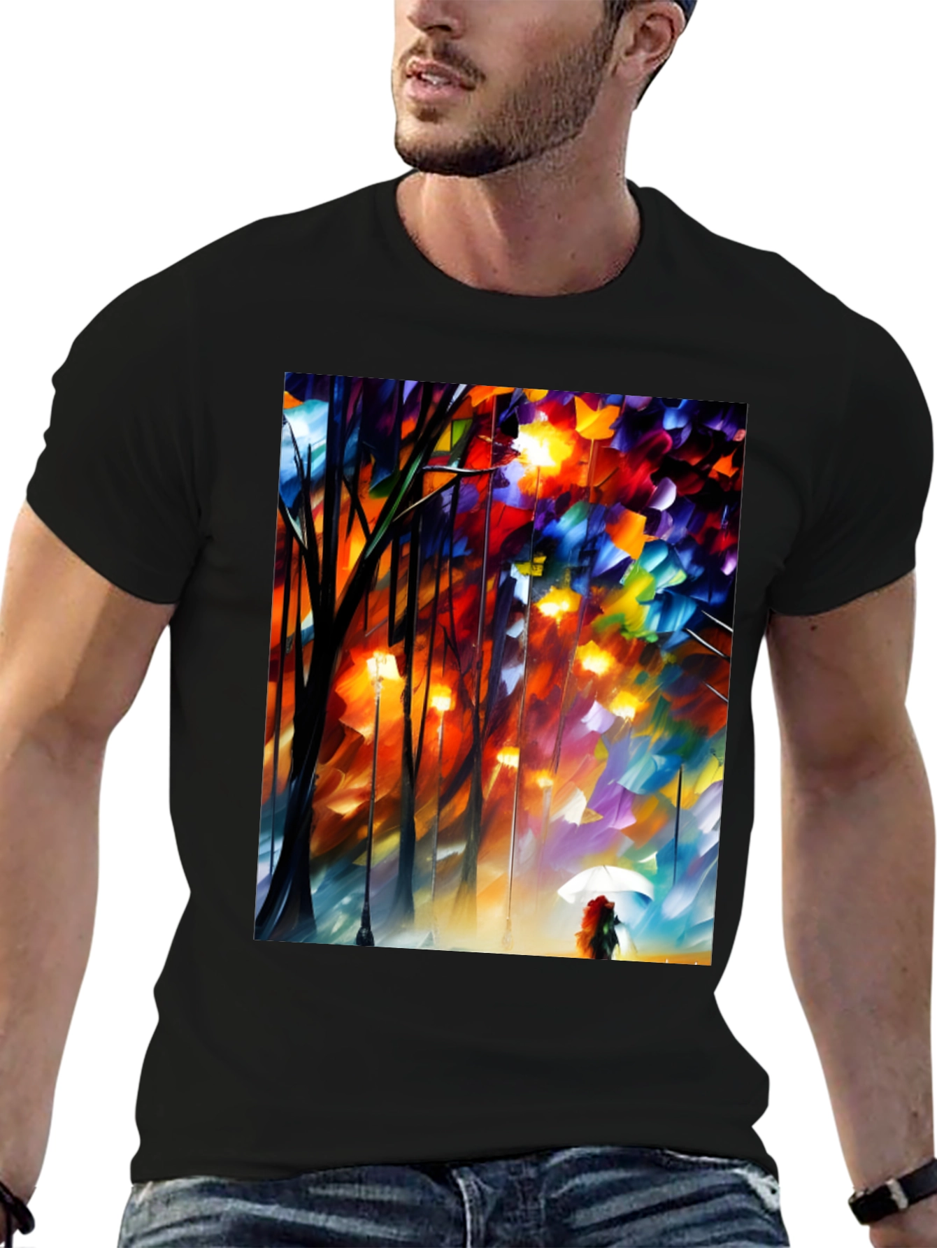 Black Artistic Autumn Rain T-Shirt - Expressive Palette Knife Design view 6