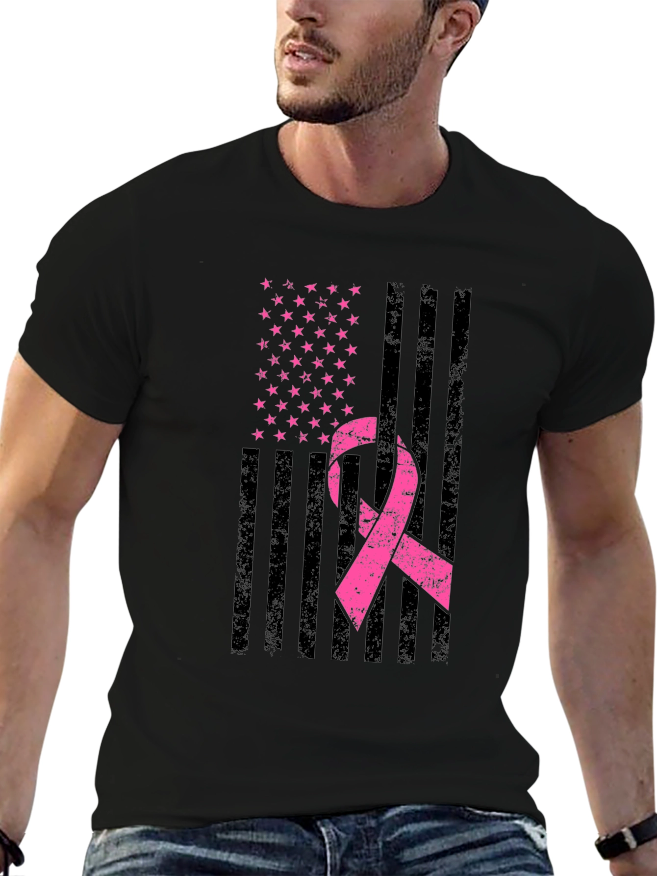 Black Breast Cancer Awareness American Flag T-Shirt view 6