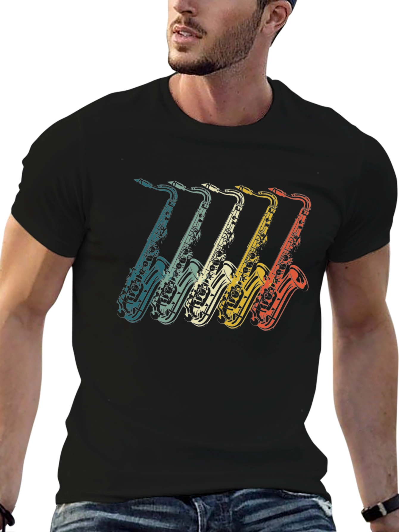Black Retro Saxophone Graphic Tee - Vintage Music T-Shirt view 6