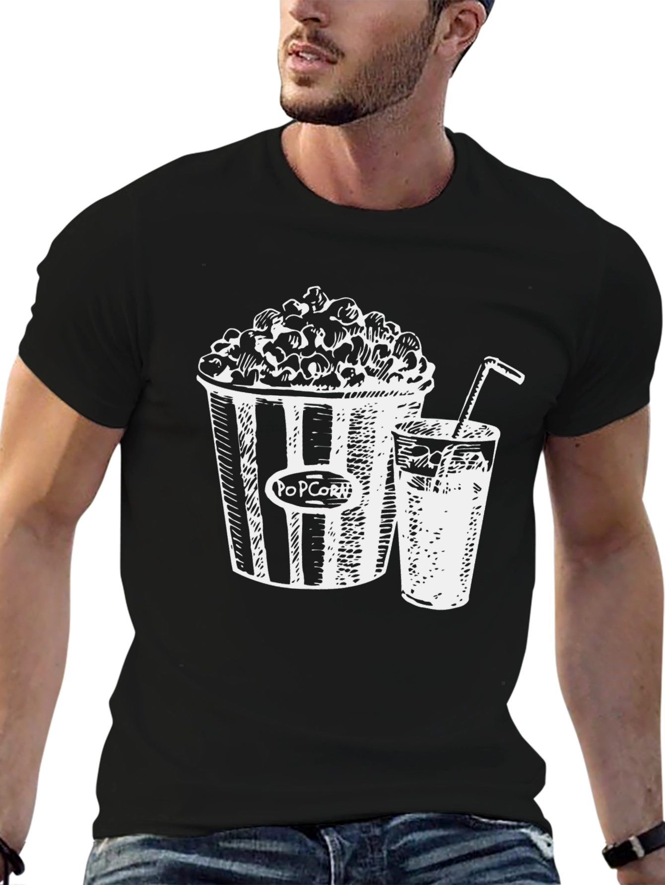 Black Movie Night T-Shirt: Popcorn & Drink Graphic Tee view 6