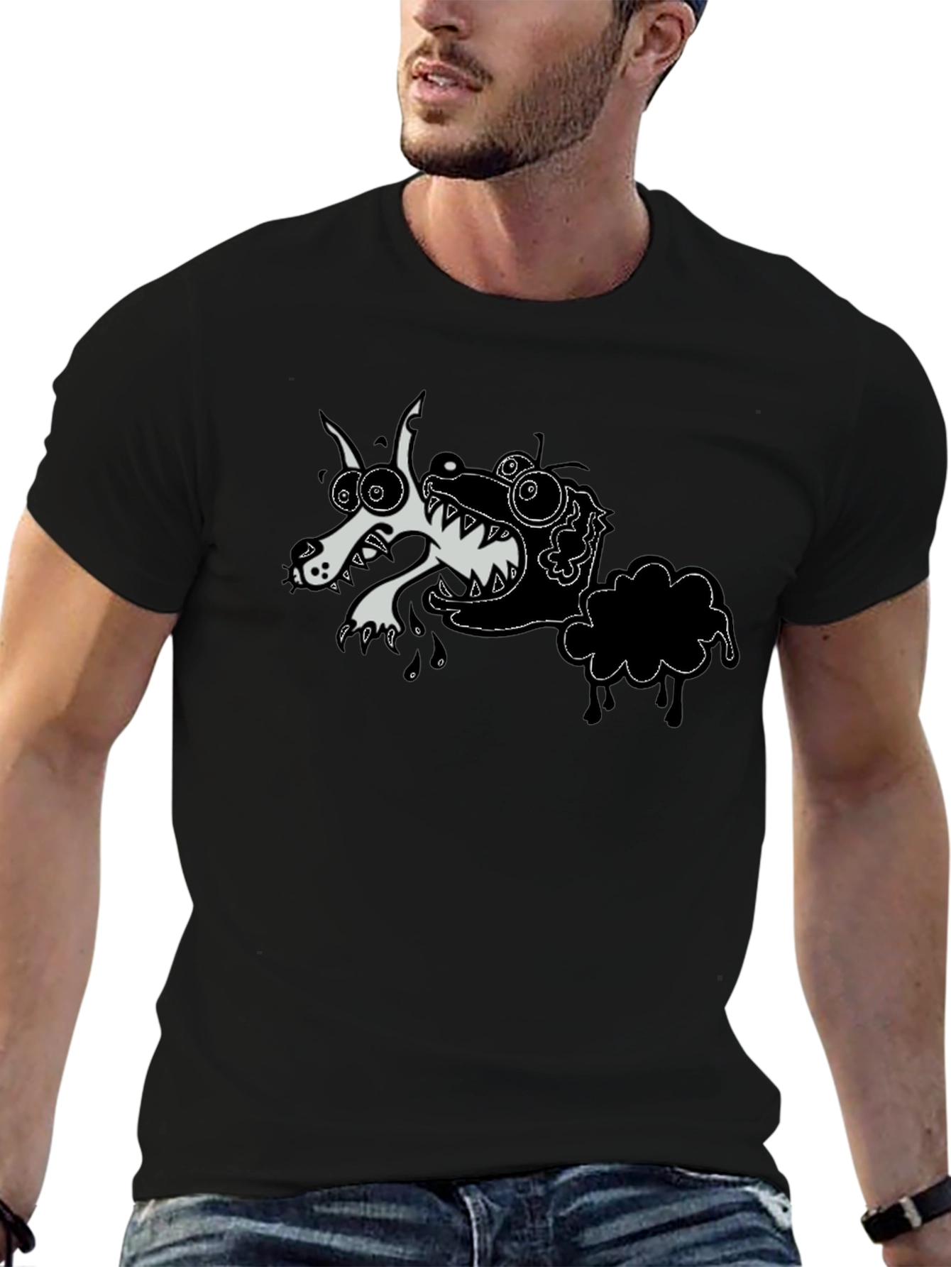 Black Cartoon Wolf & Sheep Black T-Shirt view 6