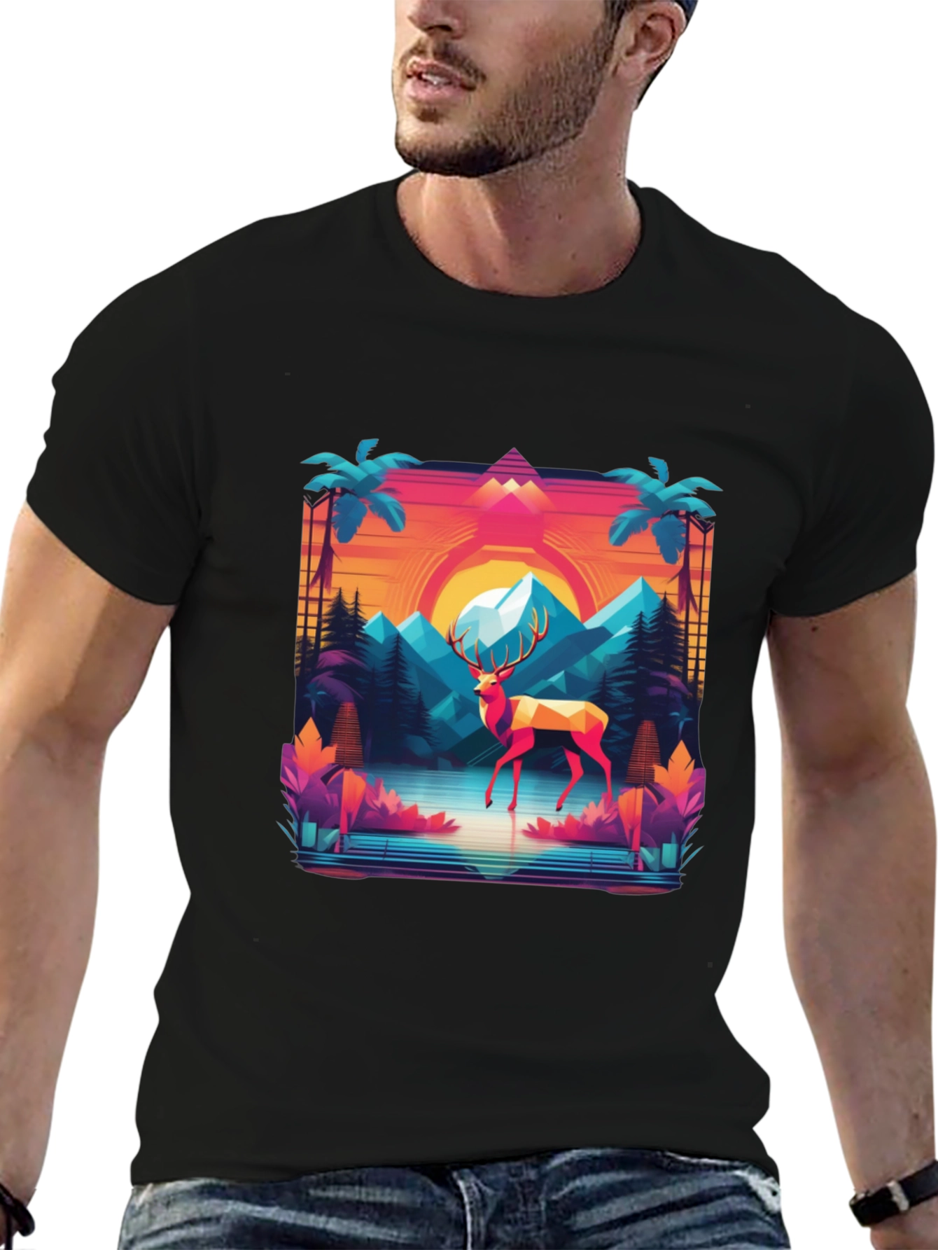 Black Retro Deer Graphic Tee - Synthwave Style view 6