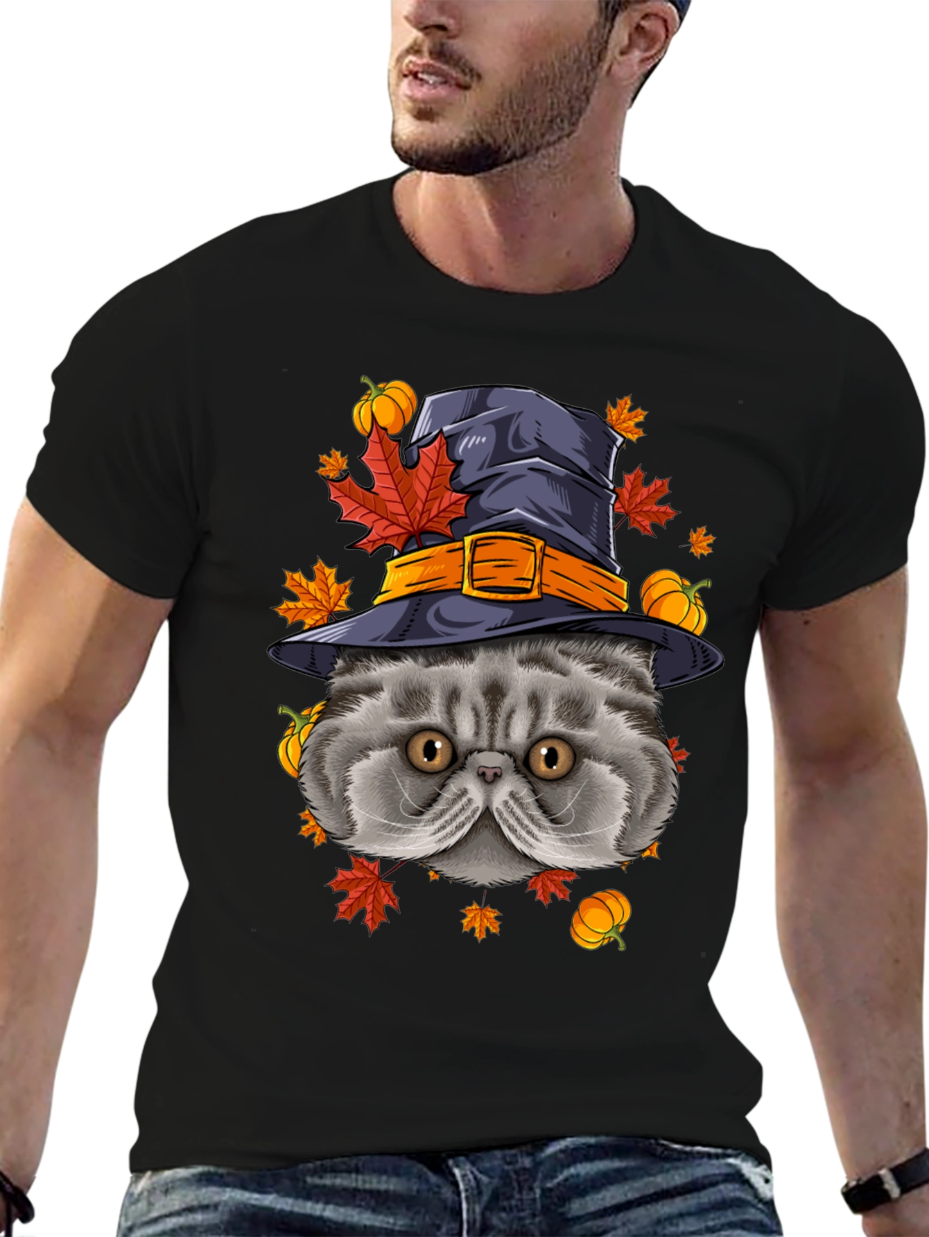 Black Halloween Cat T-Shirt with Witch Hat & Pumpkins view 6