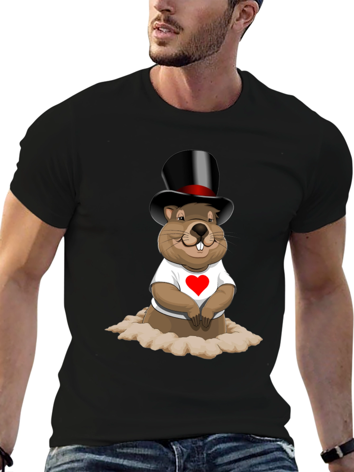 Black Groundhog Day T-Shirt with Top Hat and Heart view 6