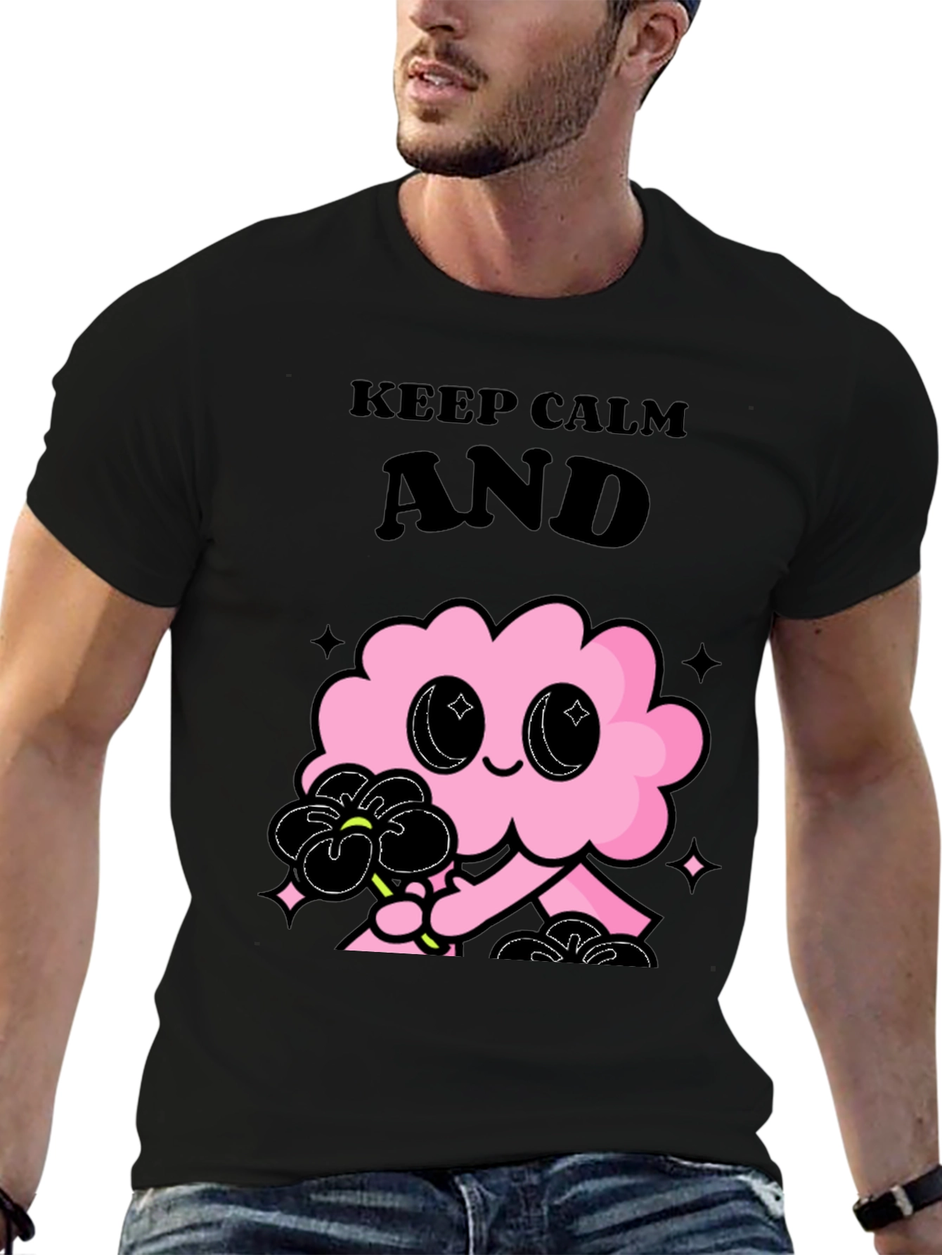 Black Keep Calm Pink Cloud Graphic Tee - Black Unisex T-Shirt view 6