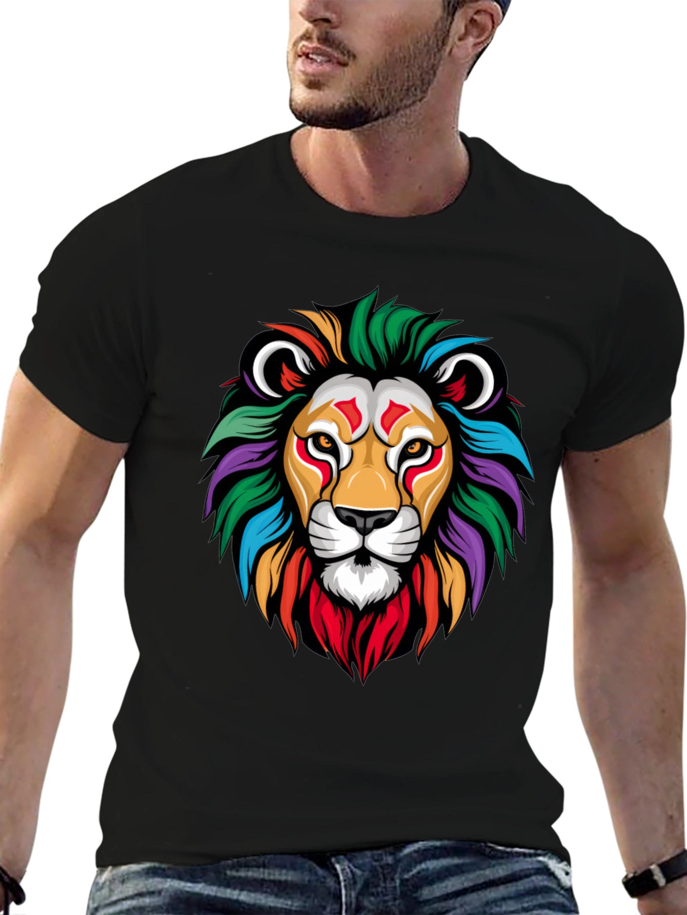 Black Colorful Lion Graphic Black T-Shirt view 6
