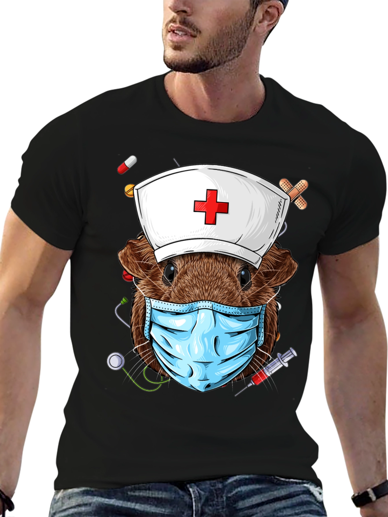Black Nurse Guinea Pig Graphic T-Shirt view 6