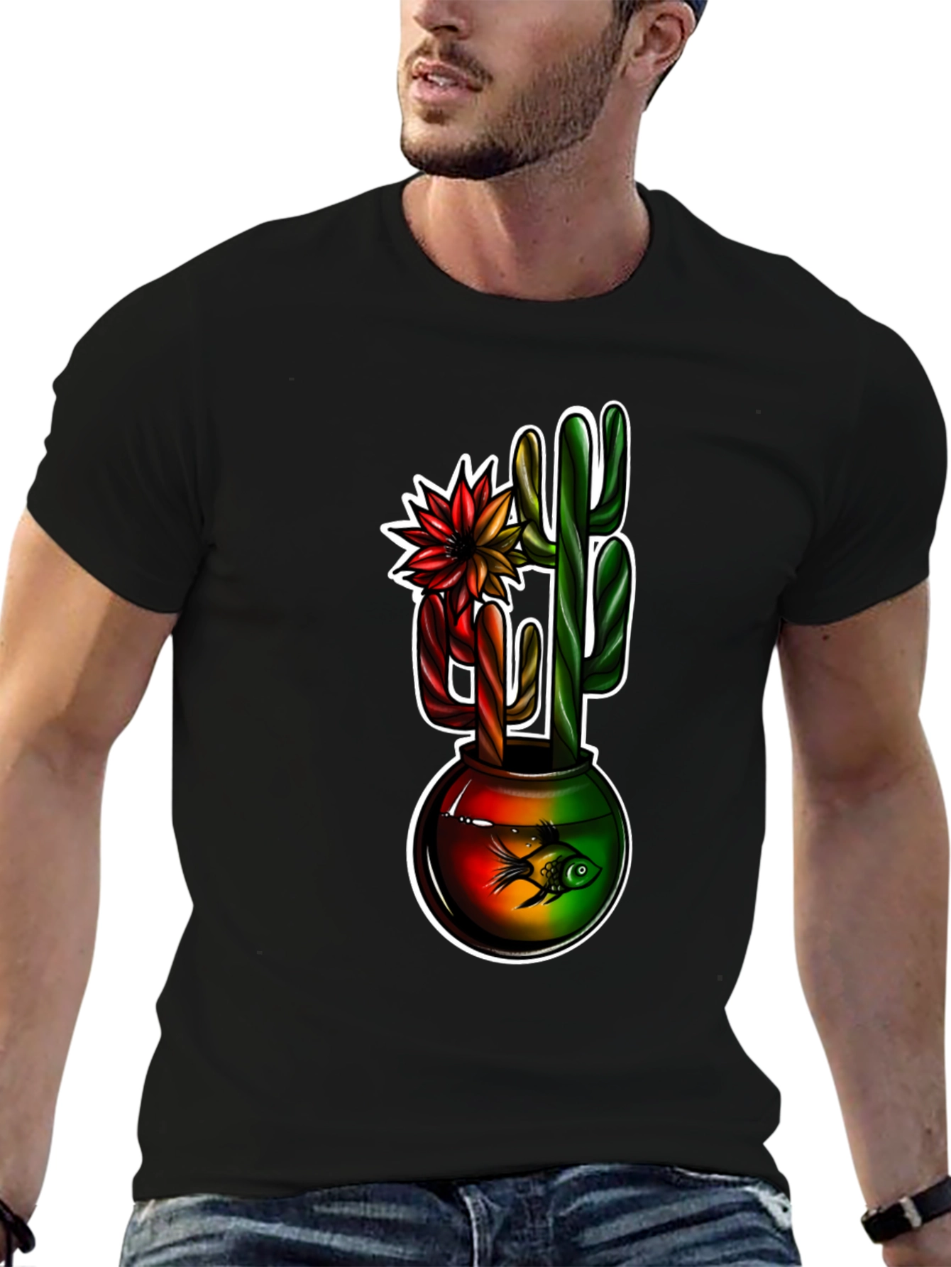 Black Cactus & Fishbowl Graphic Black Tee view 6