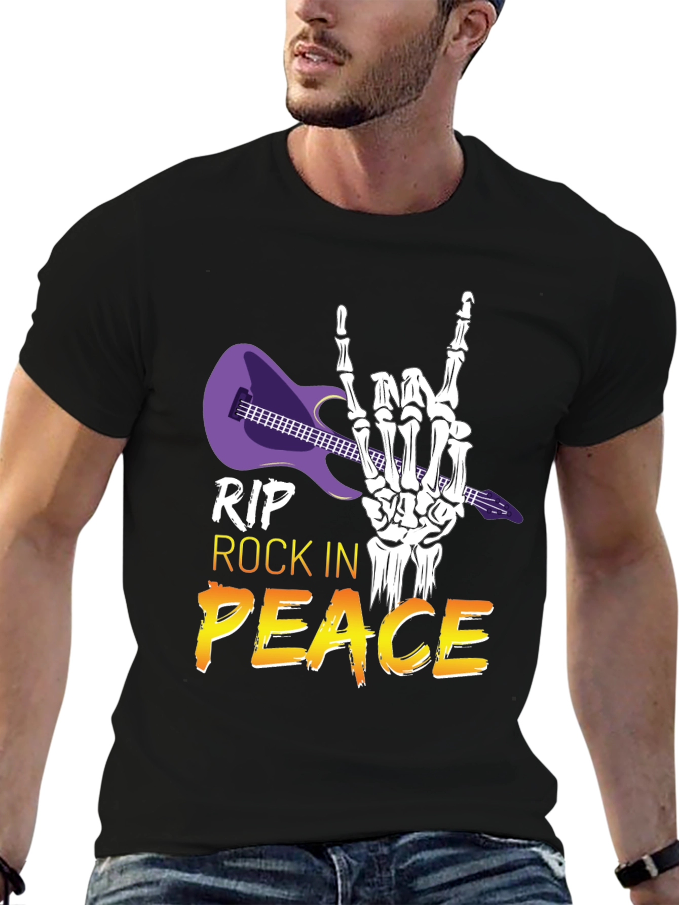 Black RIP Rock in Peace T-Shirt, Rock Hand Gesture view 6