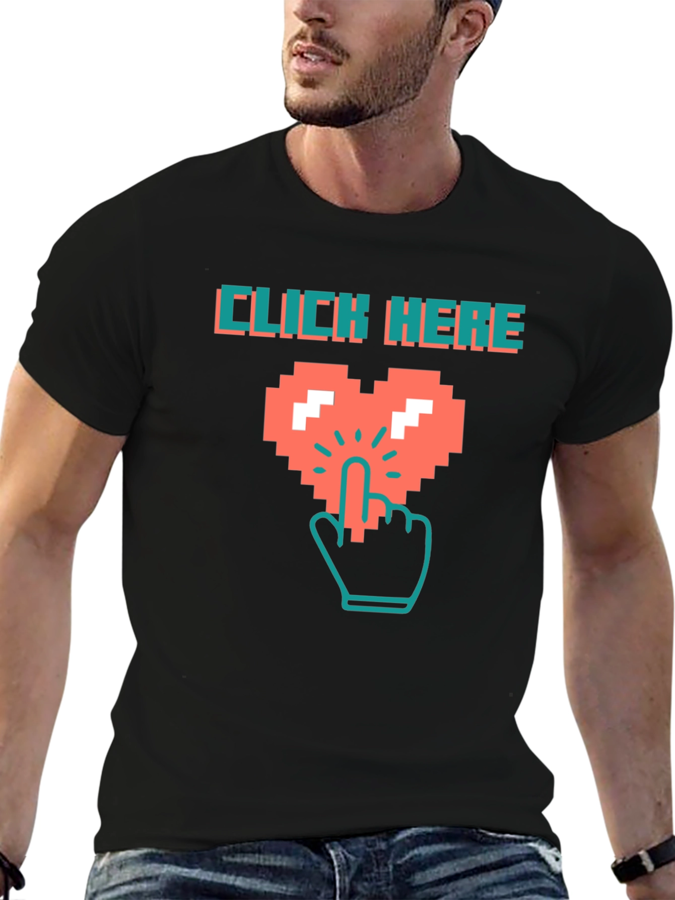 Black Click Here Pixel Heart Black T-Shirt view 6