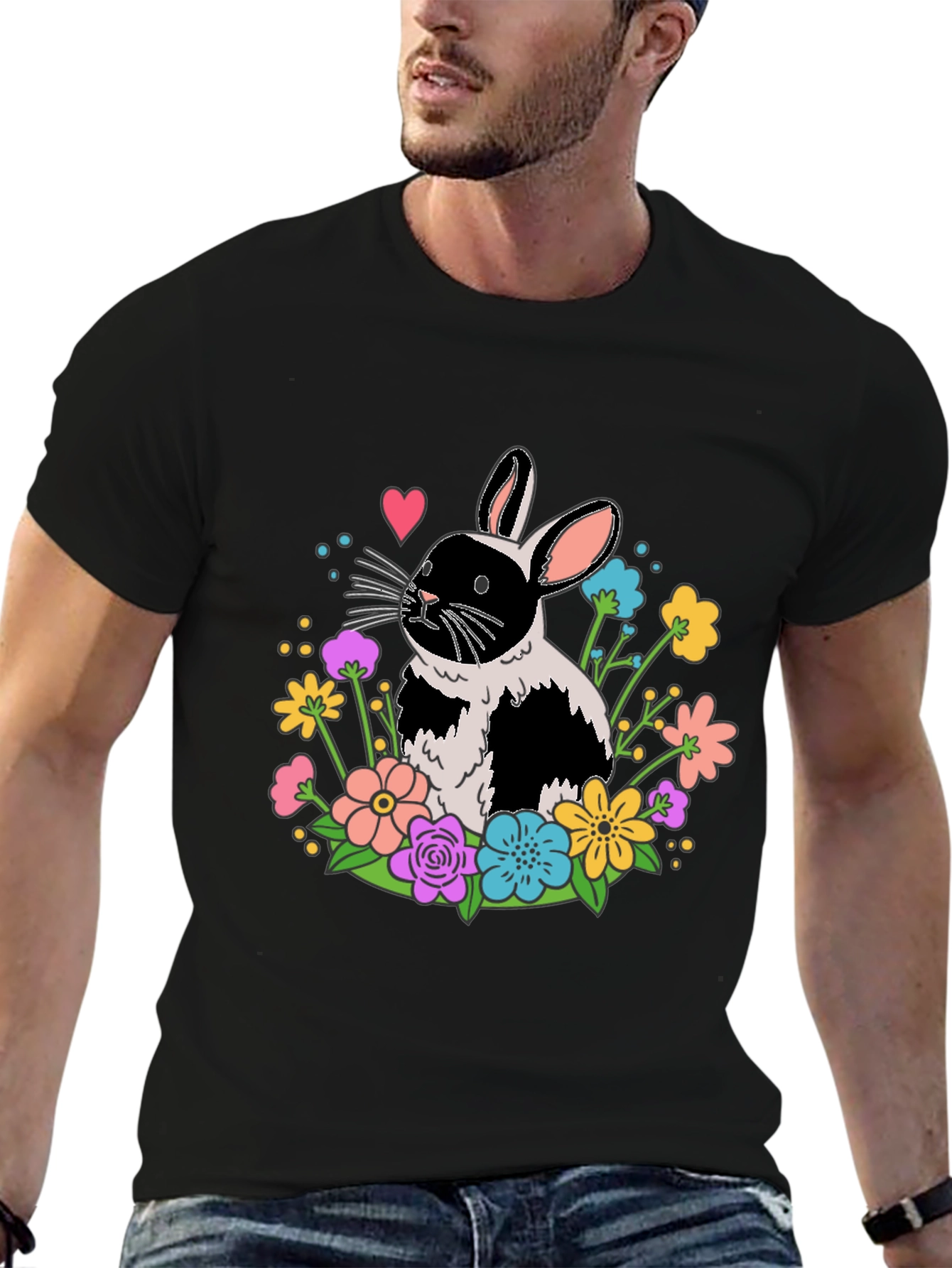 Black Floral Bunny Graphic Tee - Black Casual Shirt view 6