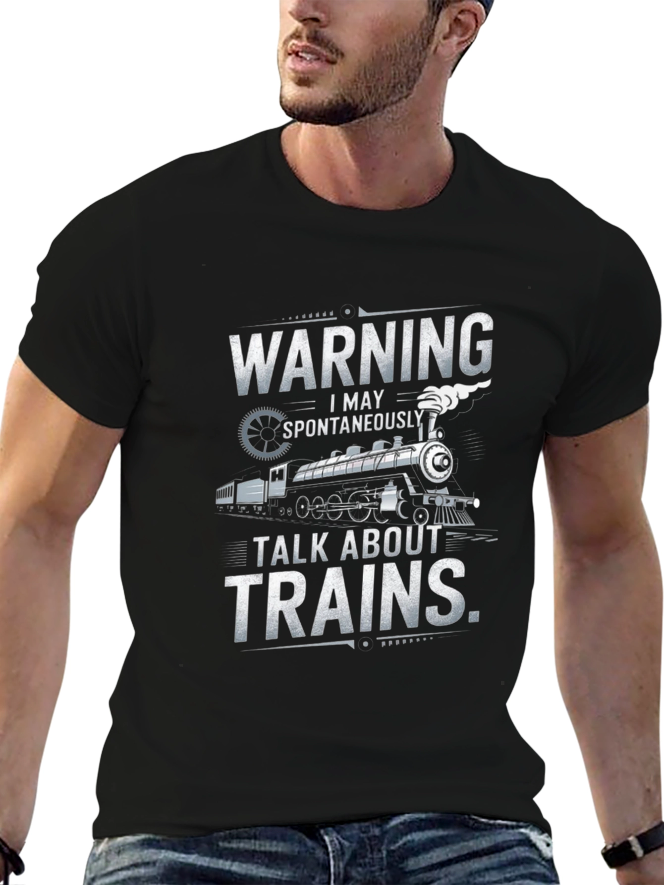 Black Warning: May Spontaneously Talk About Trains T-Shirt view 6