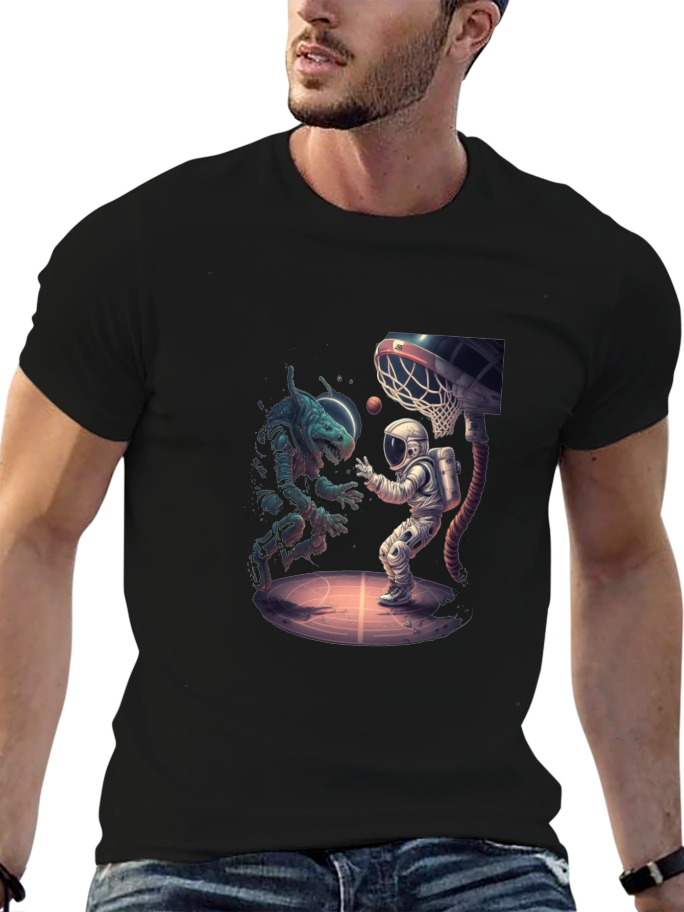 Black Cosmic Basketball T-Shirt - Alien vs Astronaut view 6