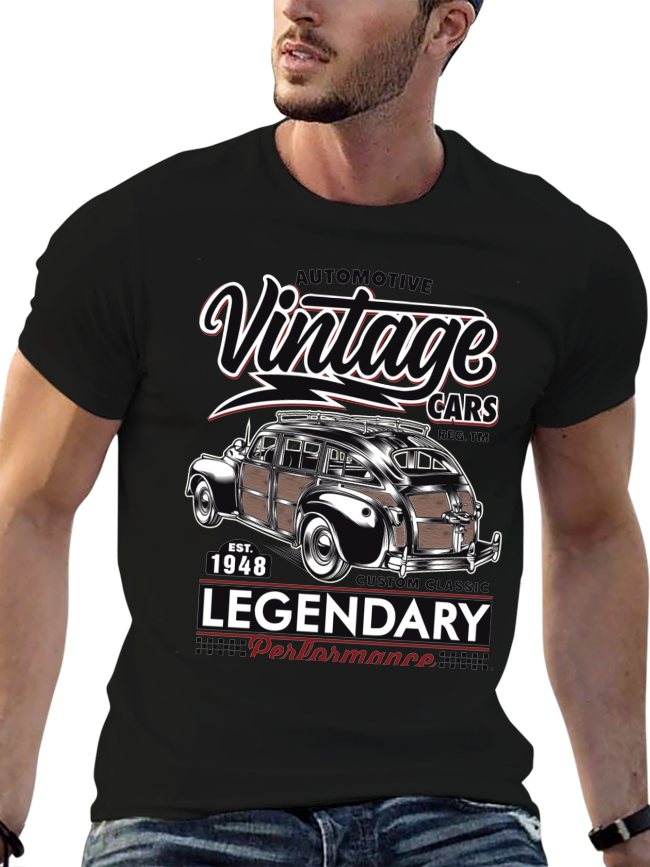 Black Vintage Cars T-Shirt - Legendary Performance 1948 view 6