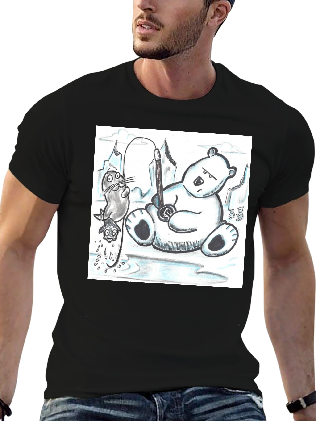 Black Cartoon Graphic Tee: Polar Bear Fishing view 6