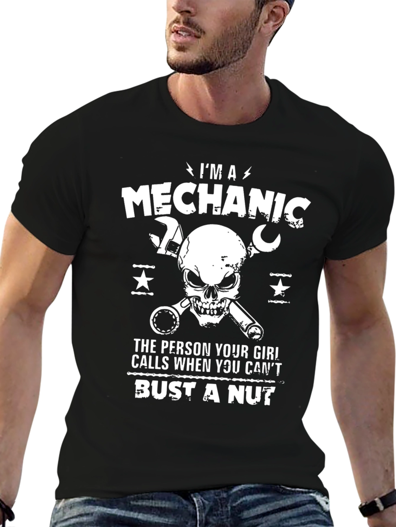 Black Mechanic Skull Graphic Tee - Bust a Nut Joke view 6