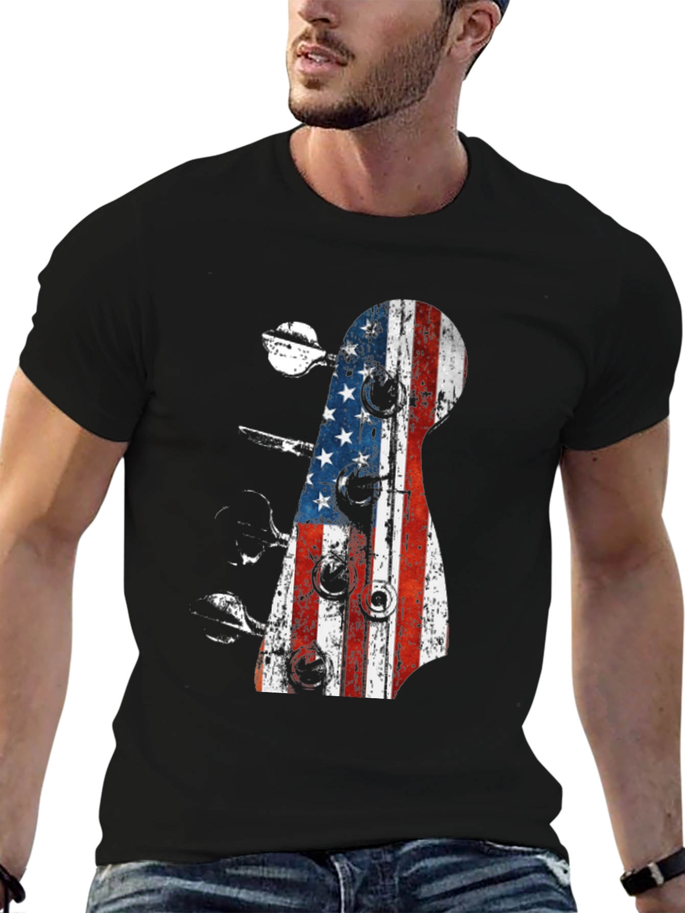Black American Flag Guitar T-Shirt view 6