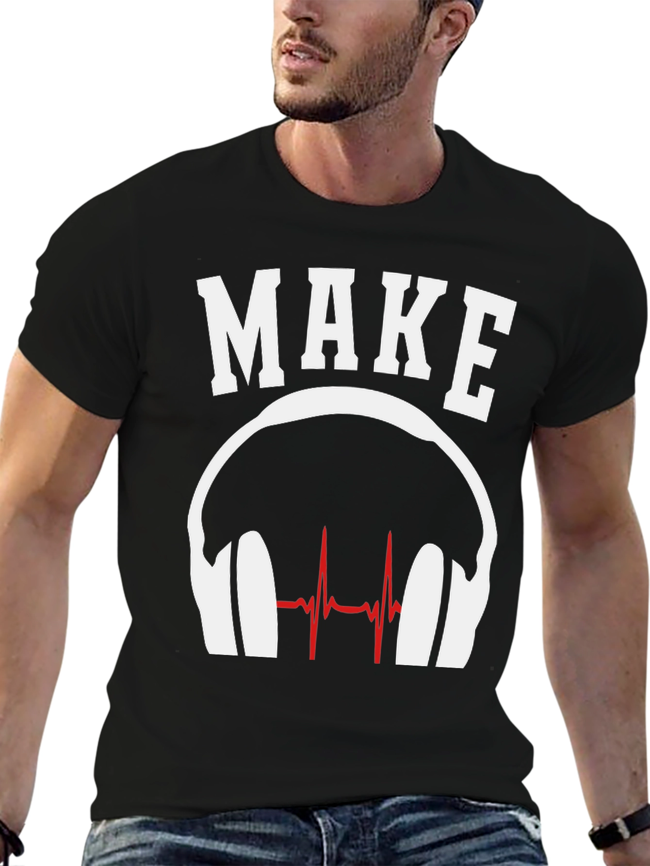 Black Make Music T-Shirt - DJ Headphones Heartbeat Design view 6
