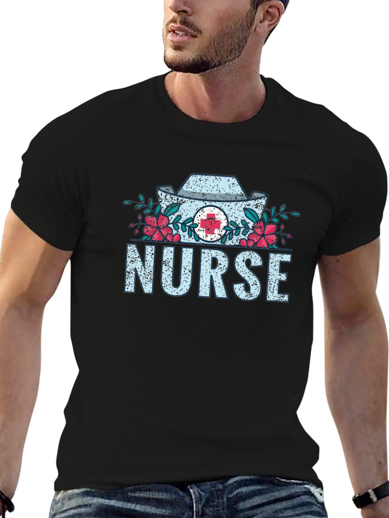 Black Nurse Floral Graphic T-Shirt - Medical Profession Apparel view 6