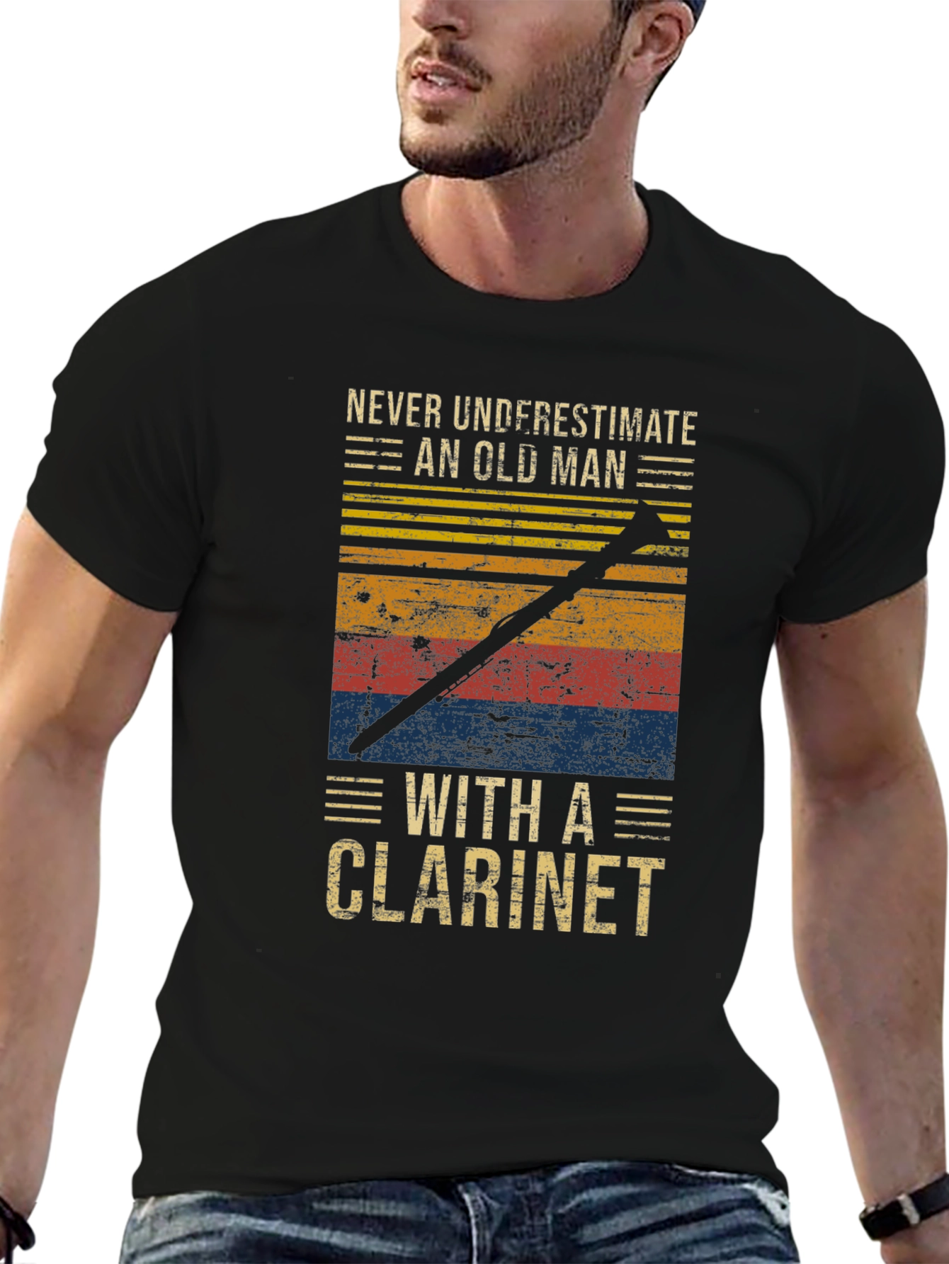 Black Never Underestimate Old Man with Clarinet T-Shirt view 6