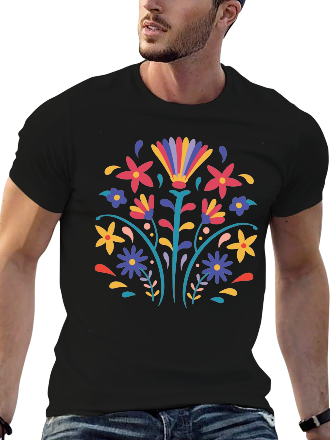 Black Floral Folk Art Black T-Shirt view 6
