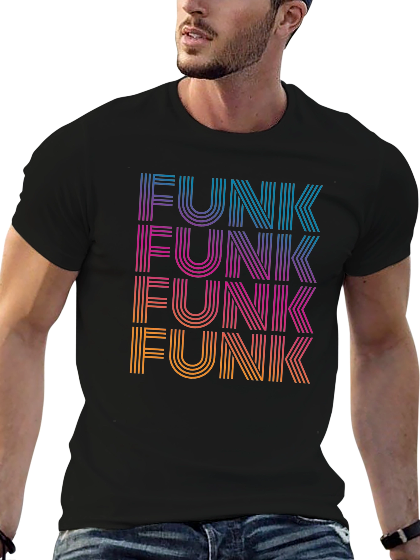 Black Retro Funk T-Shirt - Striped Text Design view 6