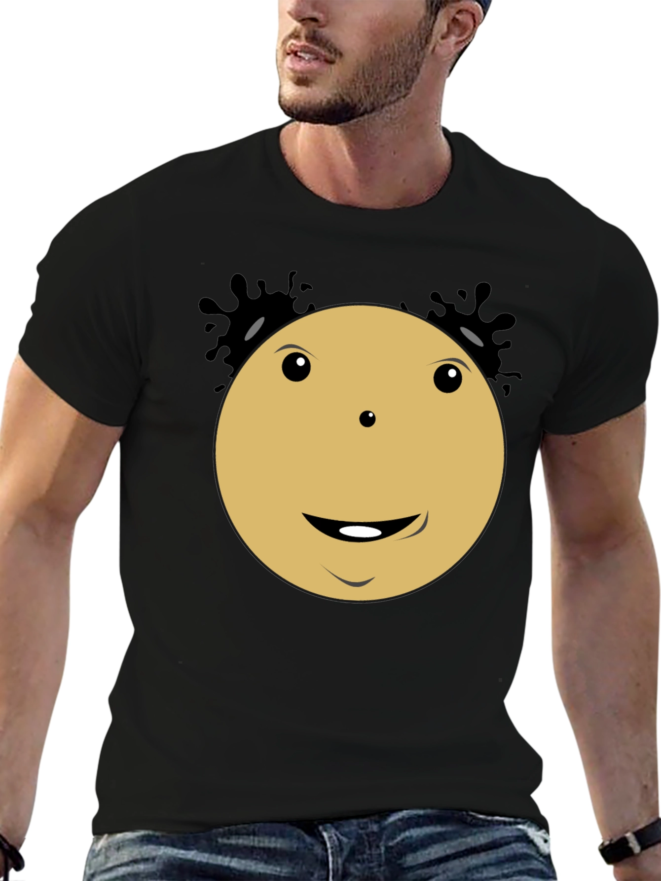 Black Smiley Face Cartoon Character Black T-Shirt view 6