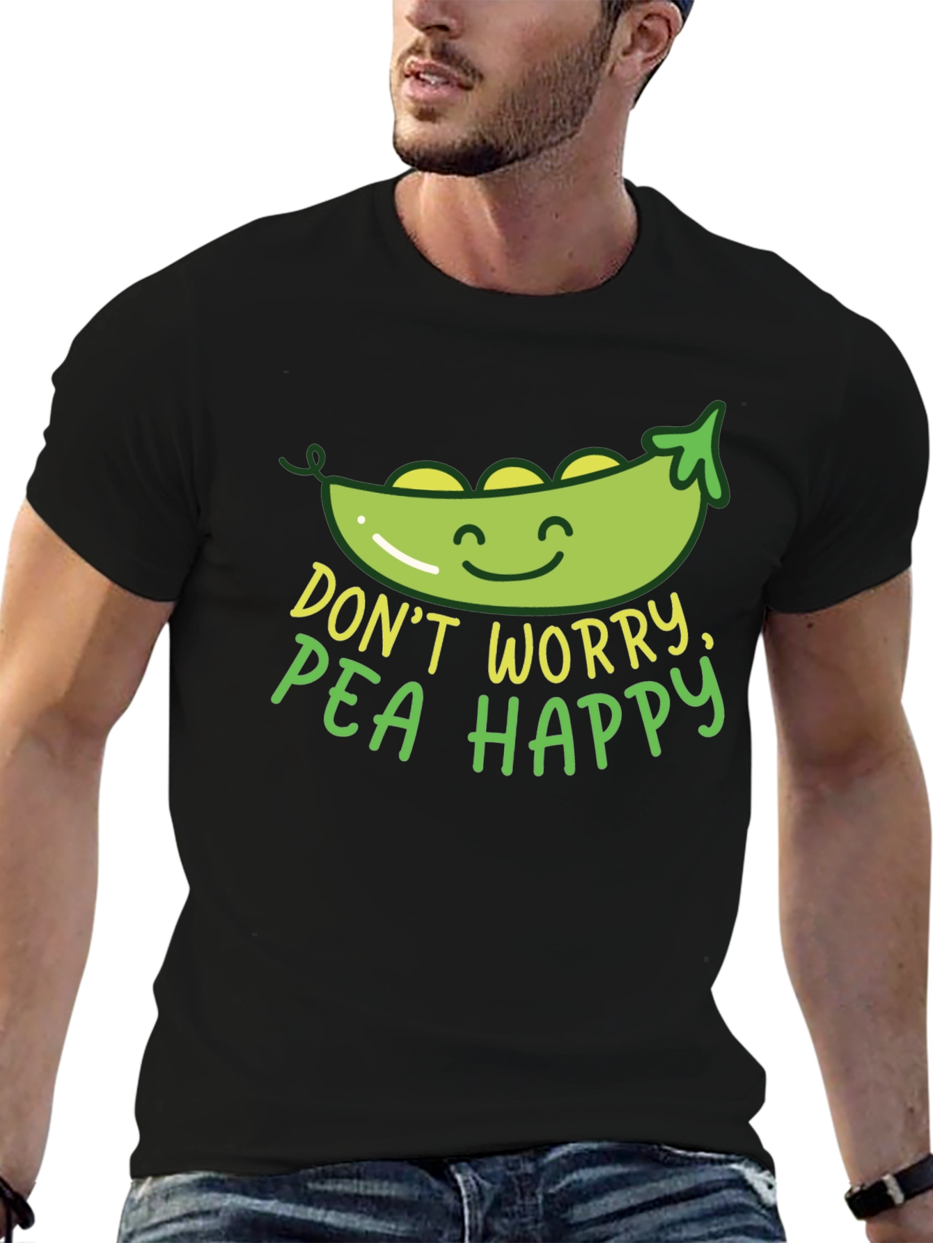 Black Don't Worry Pea Happy Graphic T-Shirt view 6