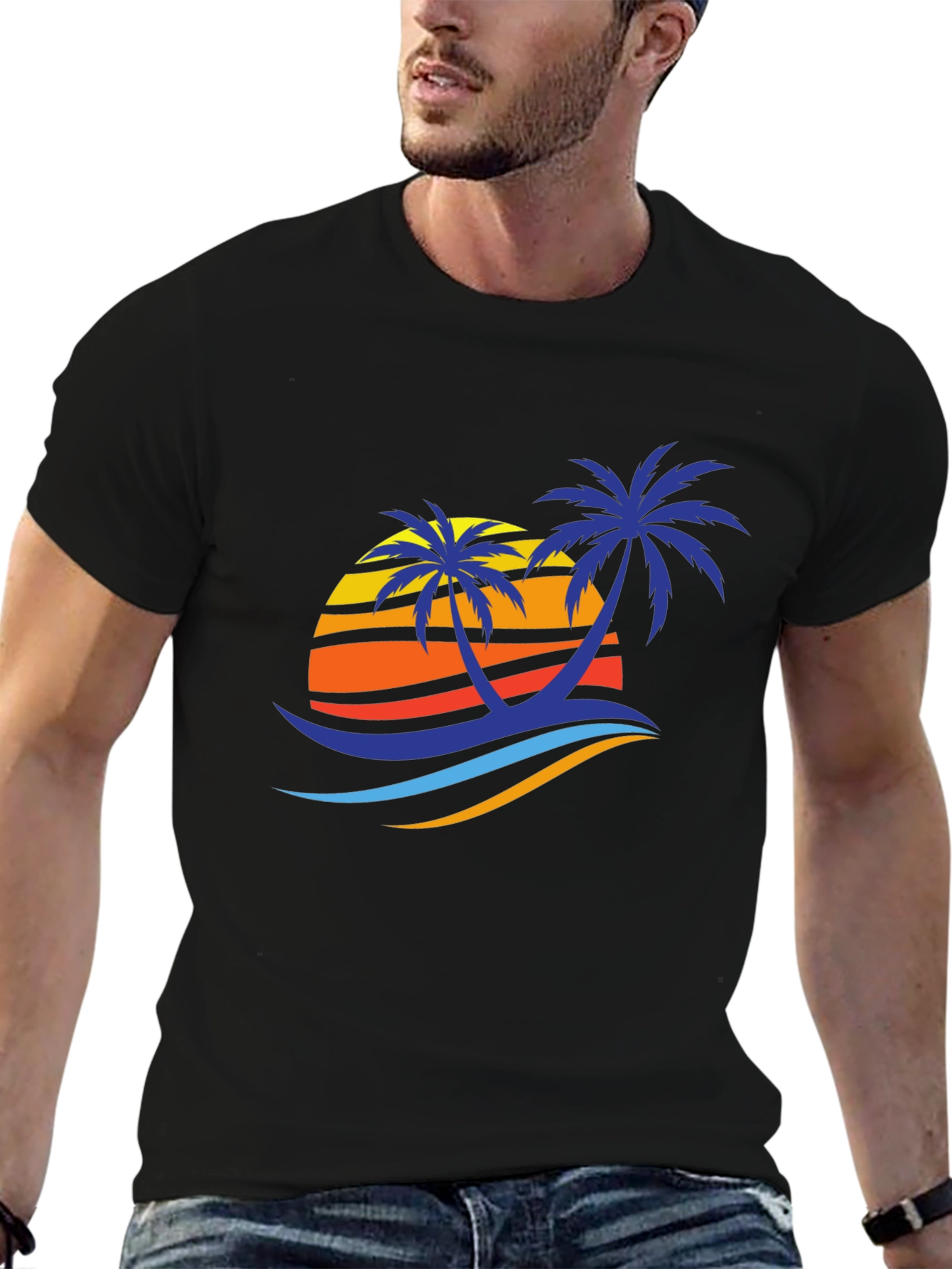 Black Tropical Palm Sunset Graphic Tee - Black Cotton Blend view 6