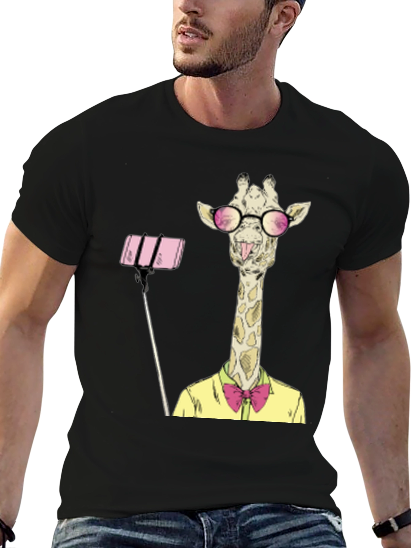 Black Giraffe Selfie Graphic T-Shirt - Unique Animal Design view 6