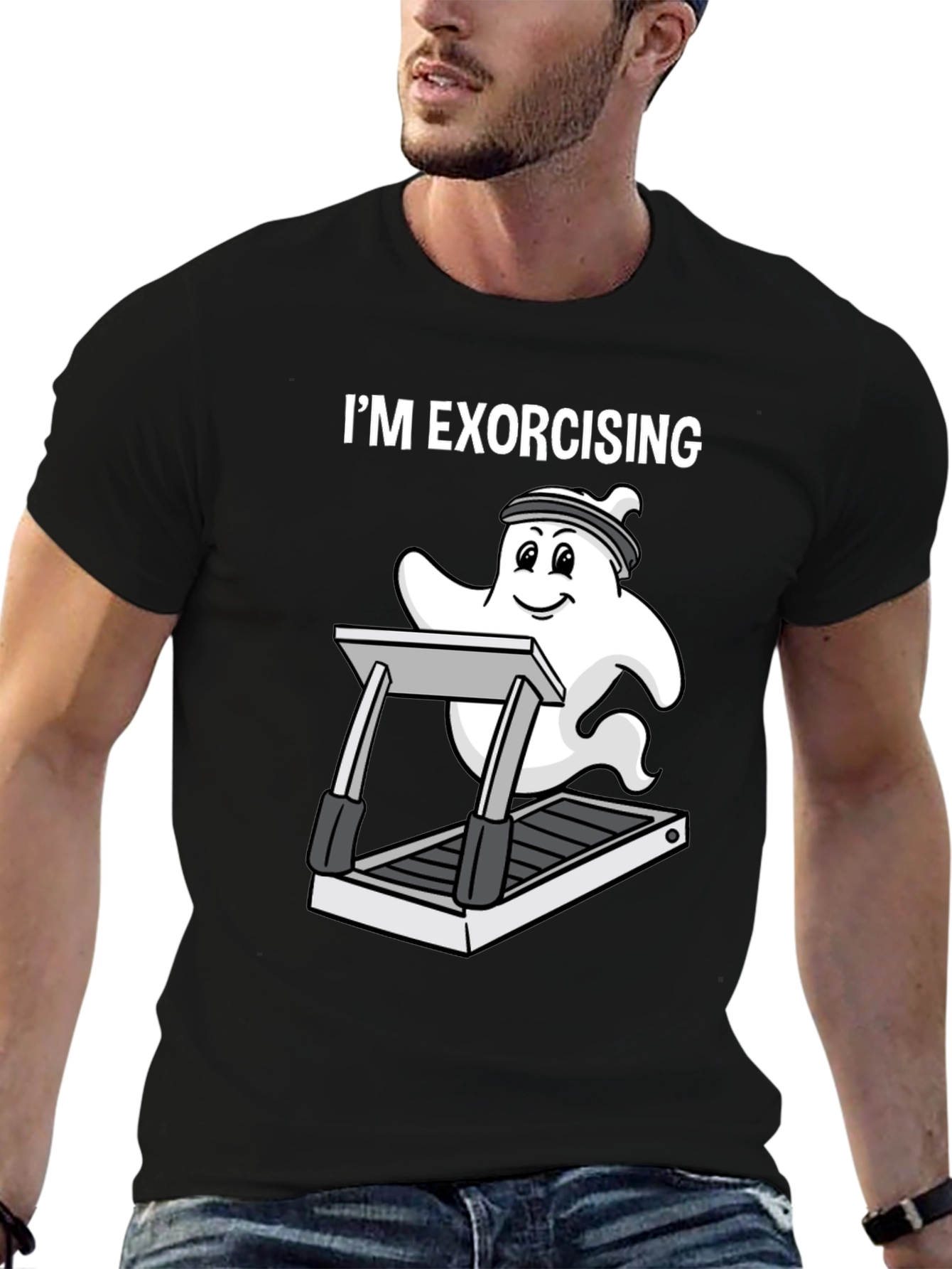 Black Funny Ghost Exorcising T-Shirt view 6