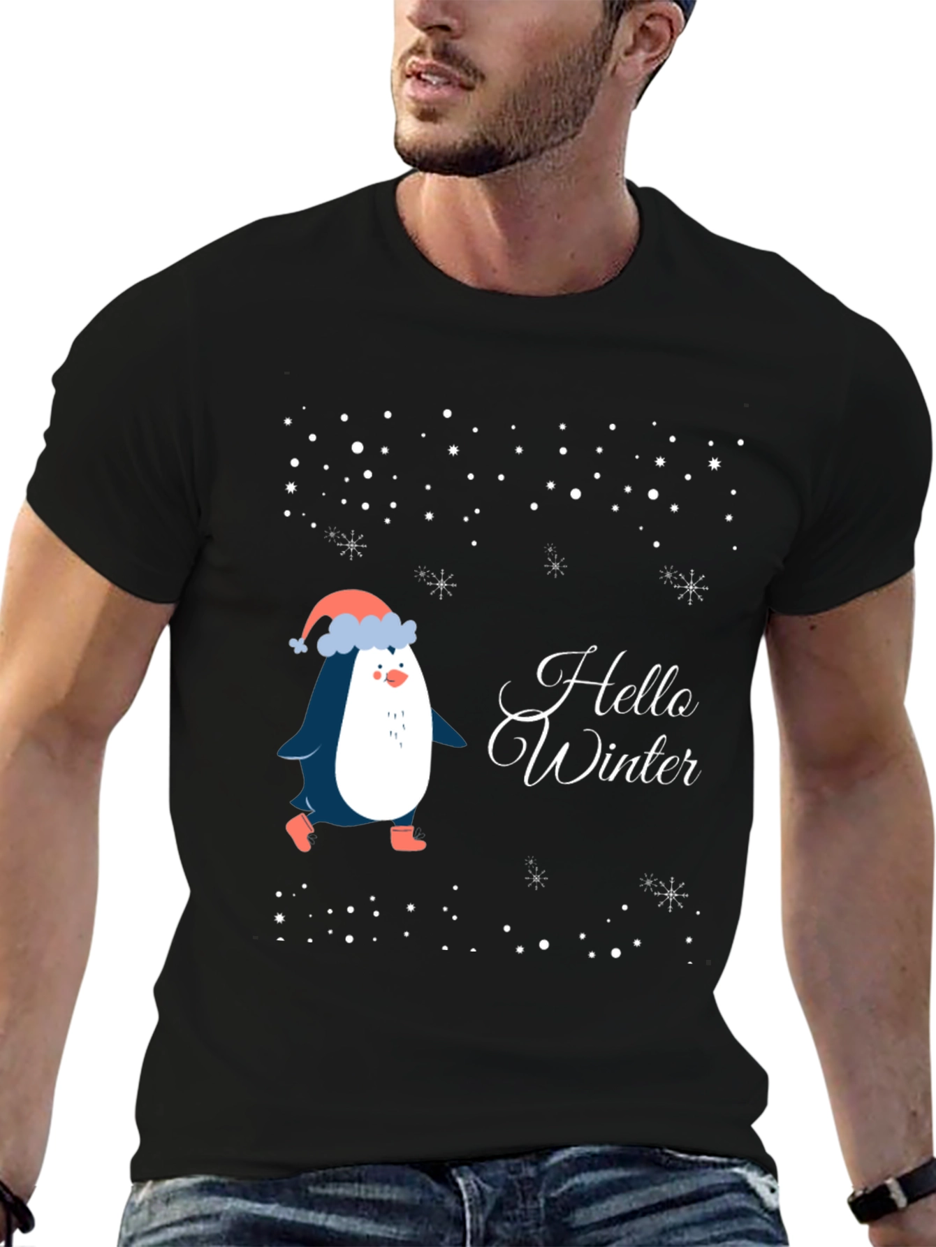 Black Hello Winter Penguin T-Shirt view 6