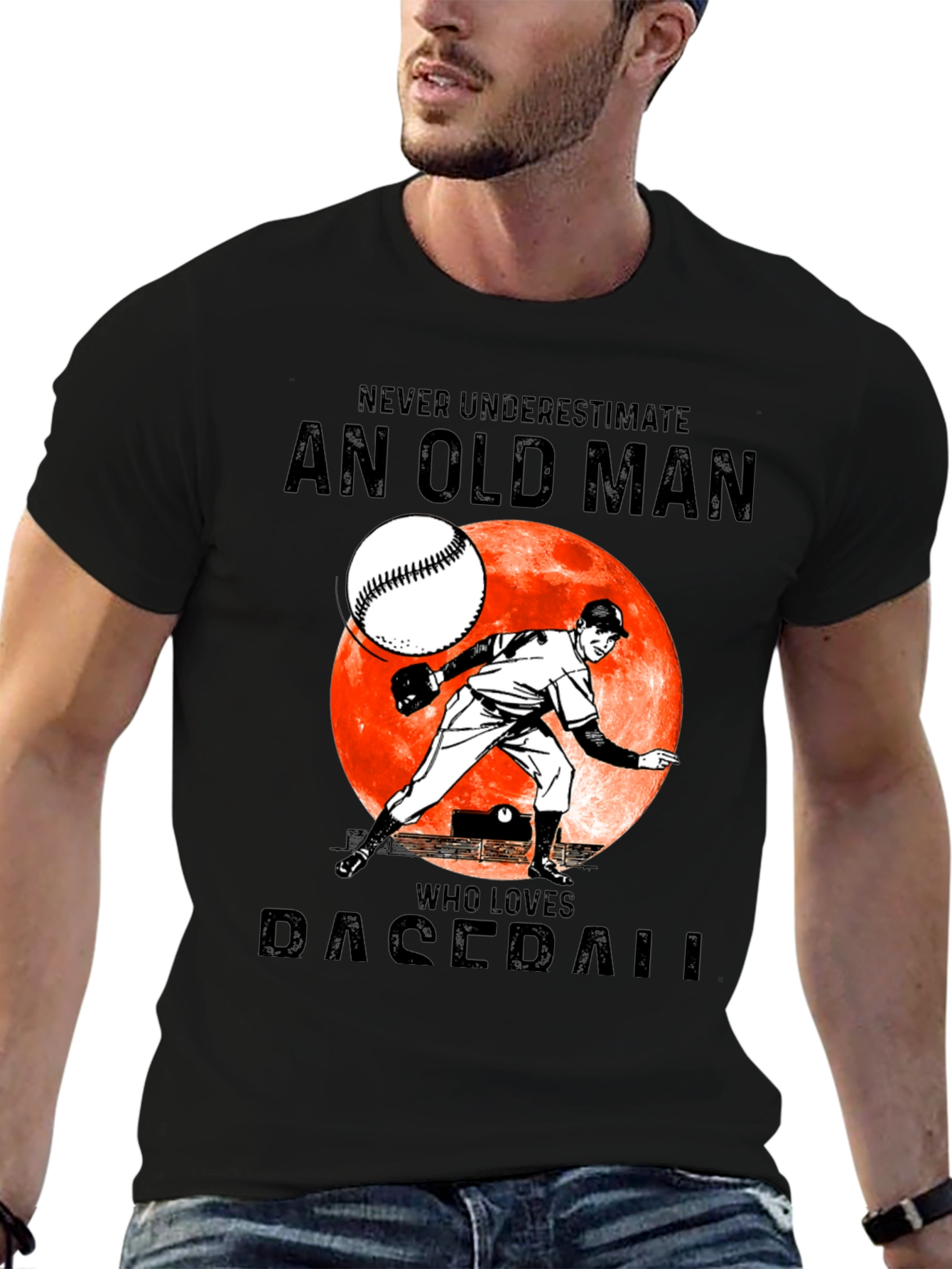 Black Never Underestimate Old Man Baseball T-Shirt view 6