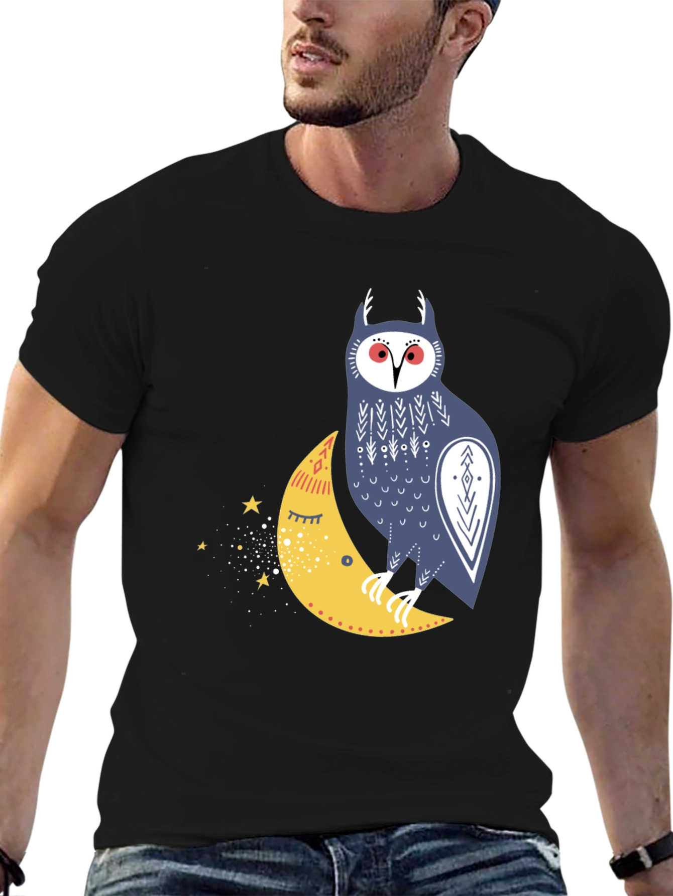 Black Owl on Moon Graphic T-Shirt - Black view 6
