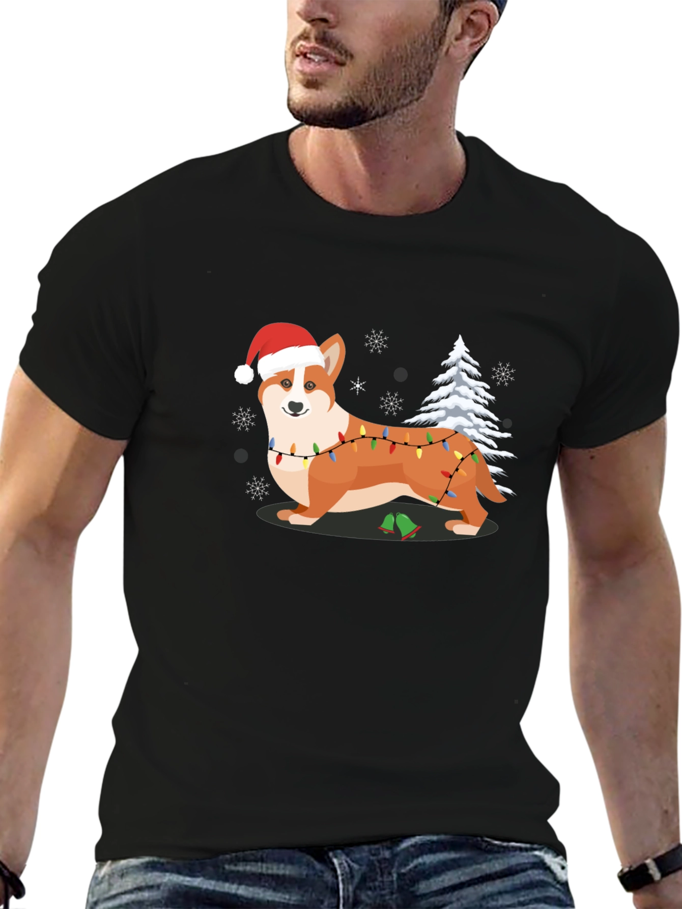 Black Festive Corgi Christmas T-Shirt view 6