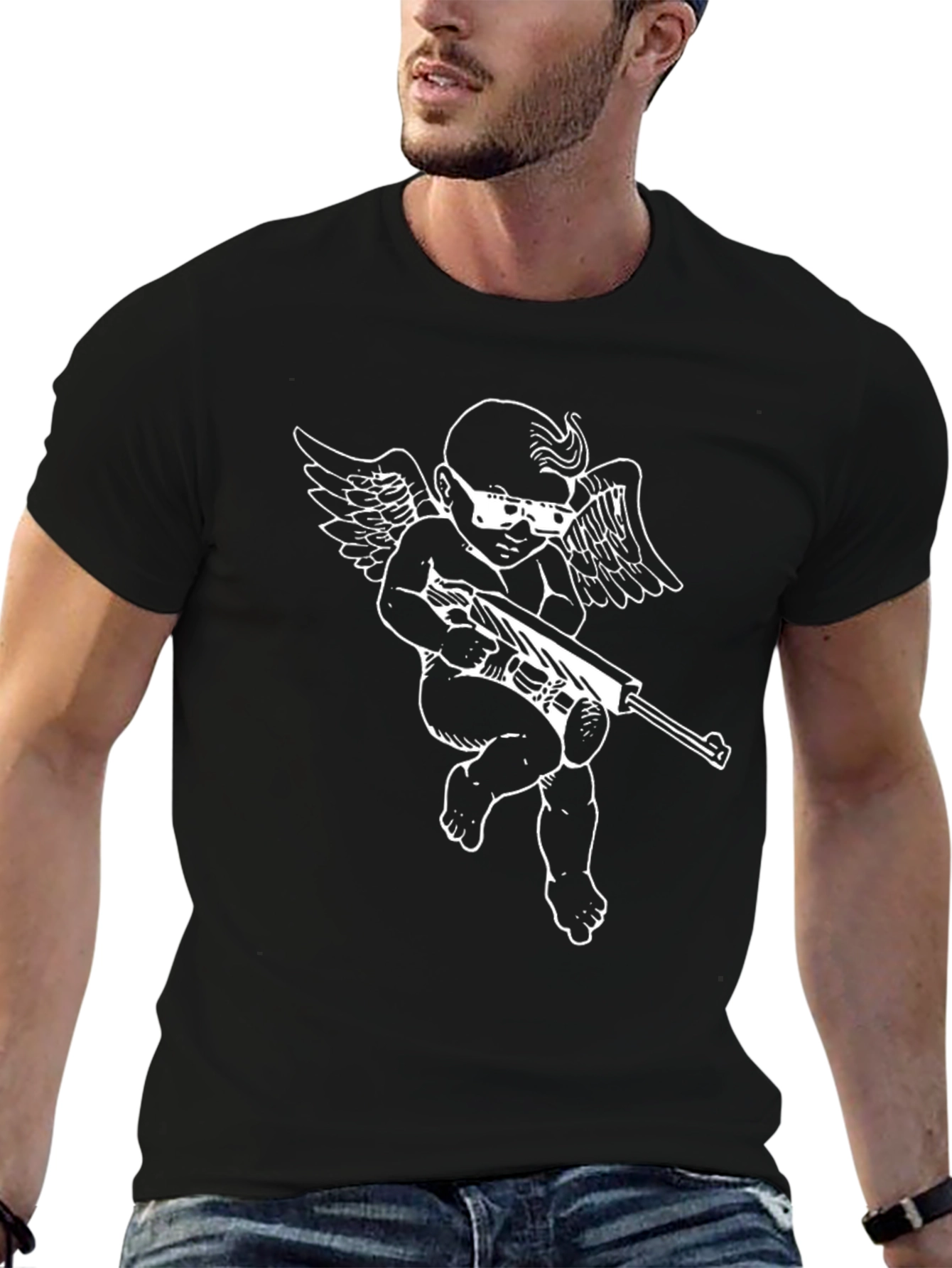 Black Graphic Tee: Cupid with Gun - Black Cotton T-Shirt view 6