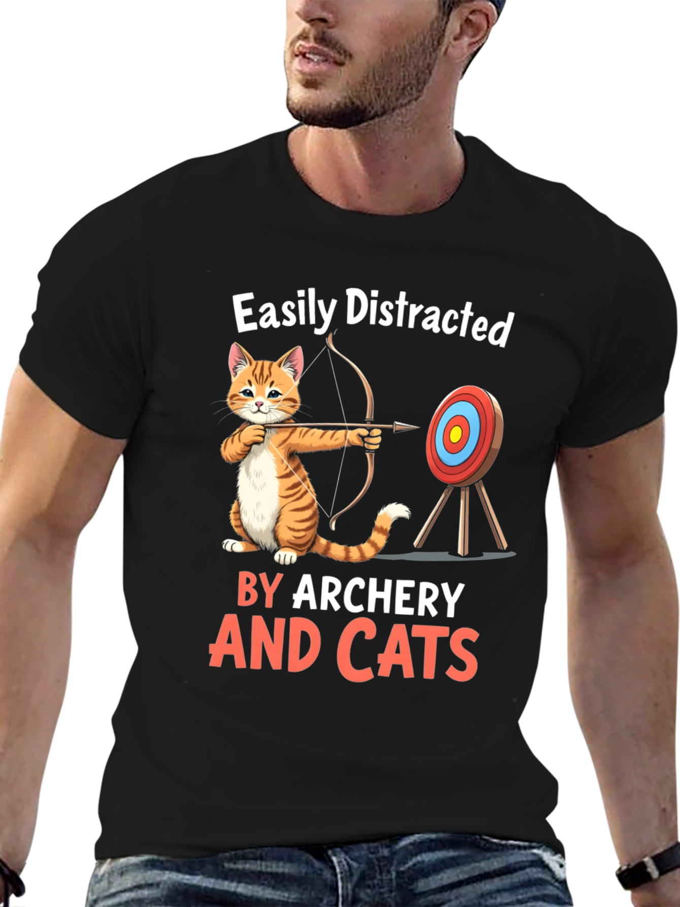 Black Easily Distracted By Archery And Cats T-Shirt view 6