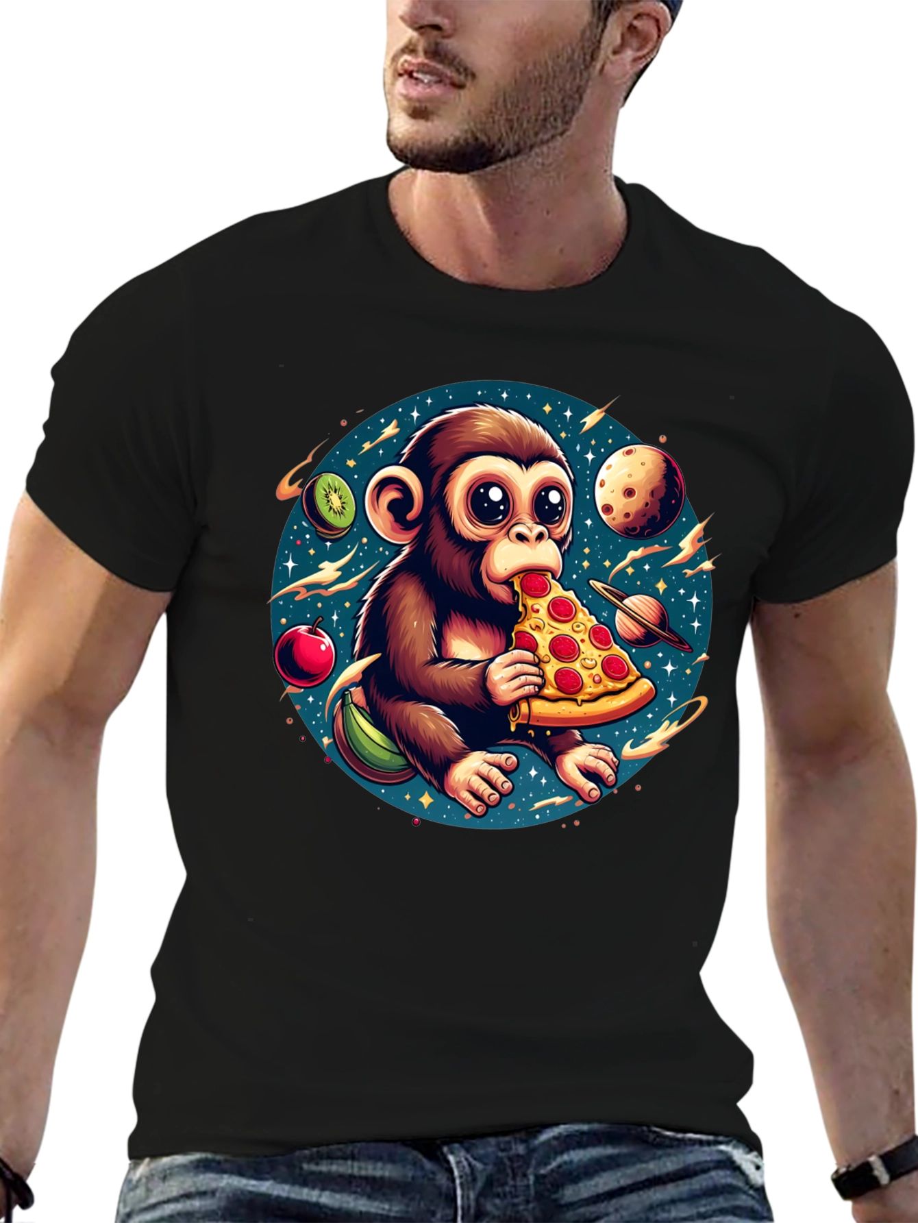 Black Monkey Eating Pizza in Space T-Shirt view 6