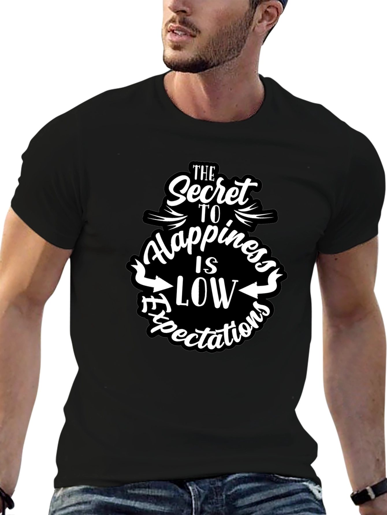 Black Secret to Happiness Low Expectations Graphic Tee view 6