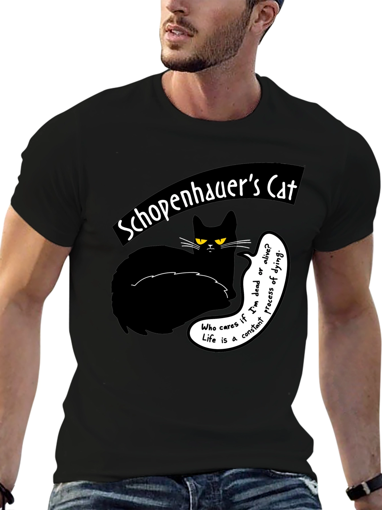 Black Schopenhauer's Cat Graphic Tee - Philosophical Humor T-Shirt view 6